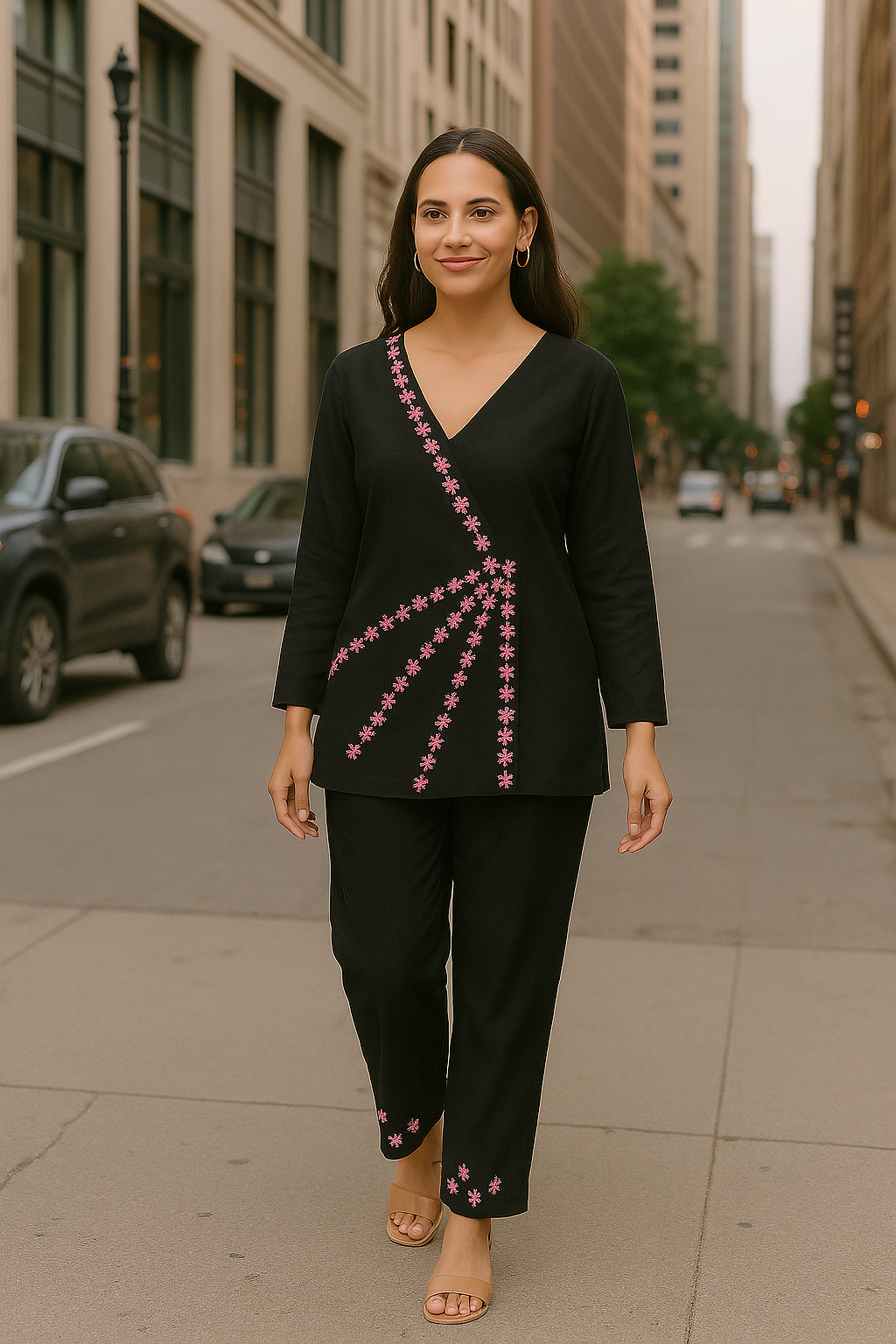 Huegenz Women's Black Two-Piece Co-Ord Set in Viscose Rayon with Floral Embroidery