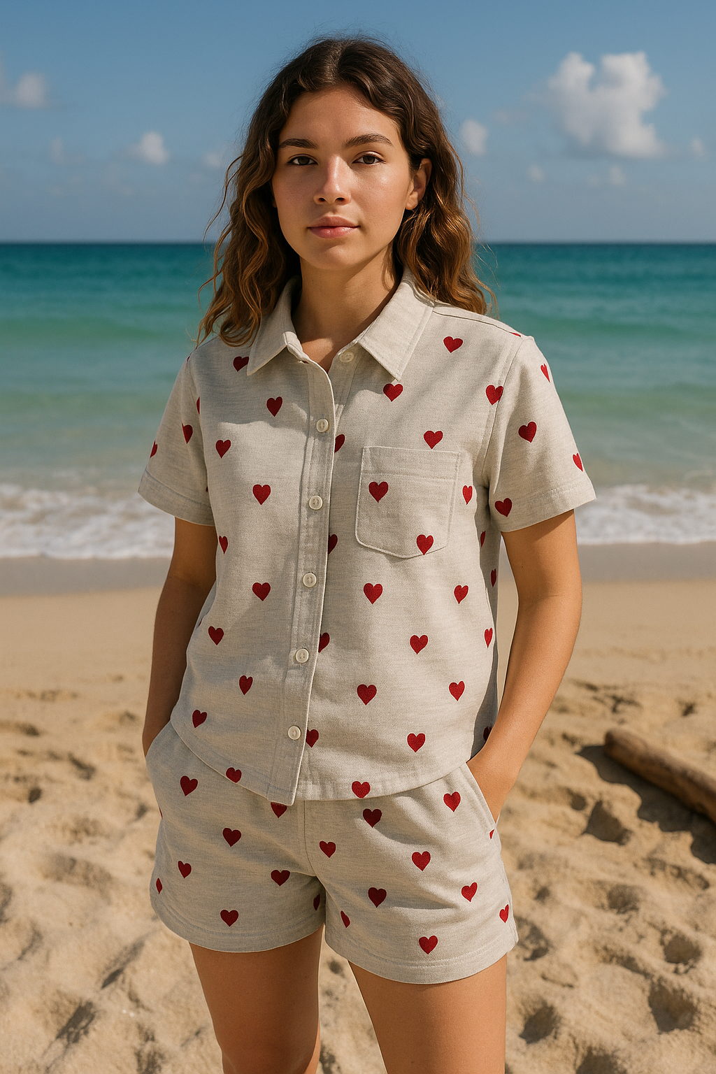 Women's Regular Fit Red Heart Button Down Collar Casual Beige Linen Shirt.