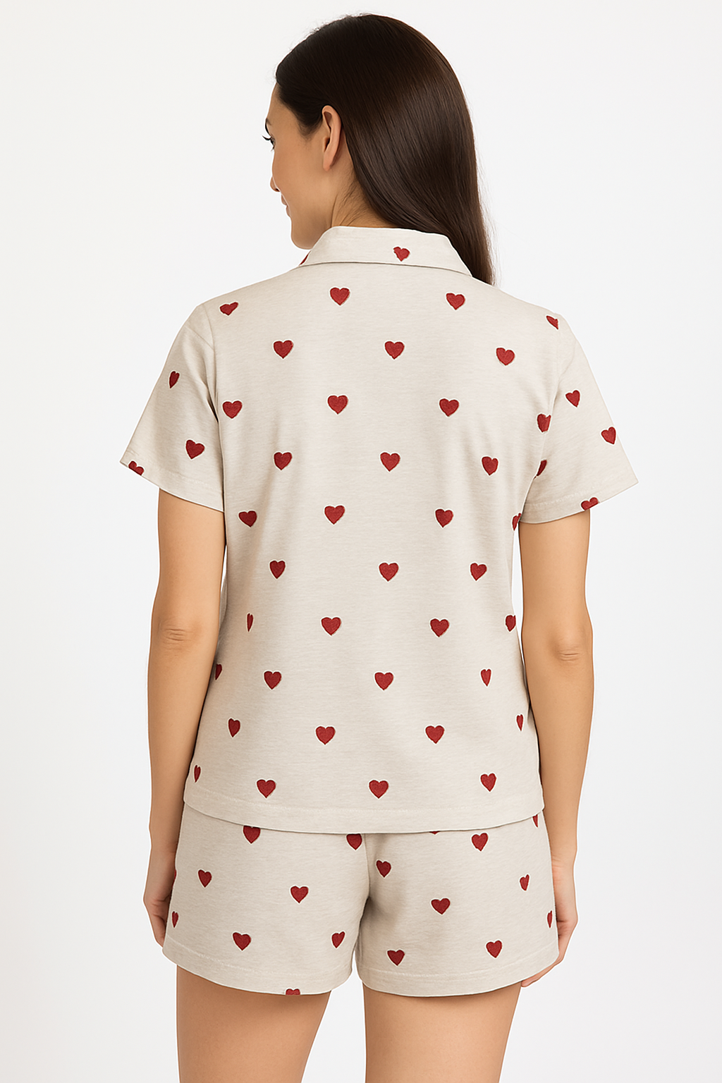 Women's Regular Fit Red Heart Button Down Collar Casual Beige Linen Shirt.