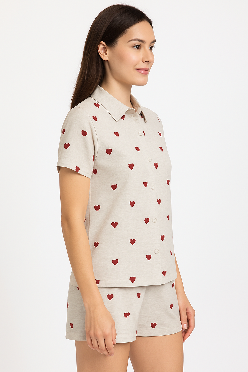 Women's Regular Fit Red Heart Button Down Collar Casual Beige Linen Shirt.