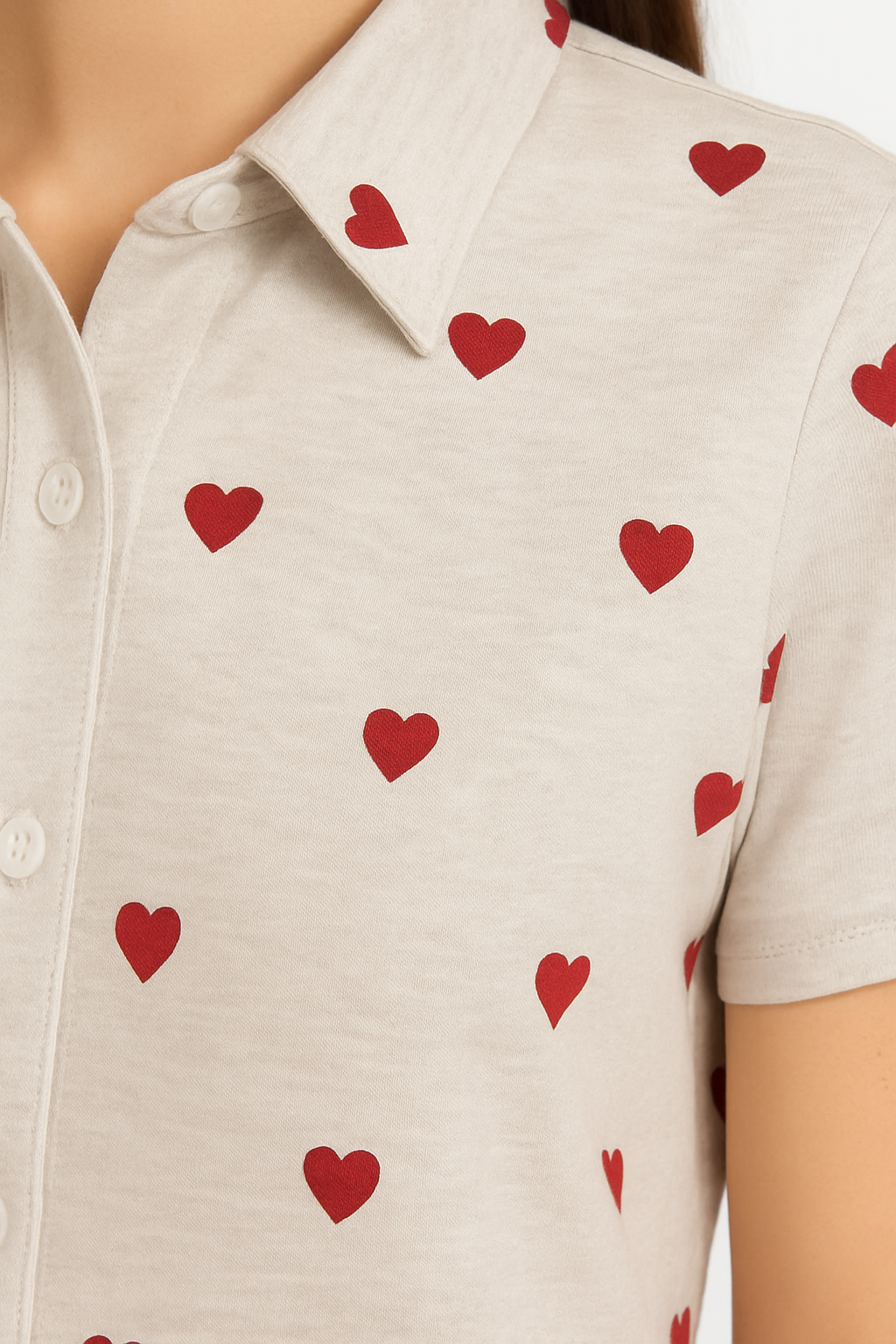 Women's Regular Fit Red Heart Button Down Collar Casual Beige Linen Shirt.