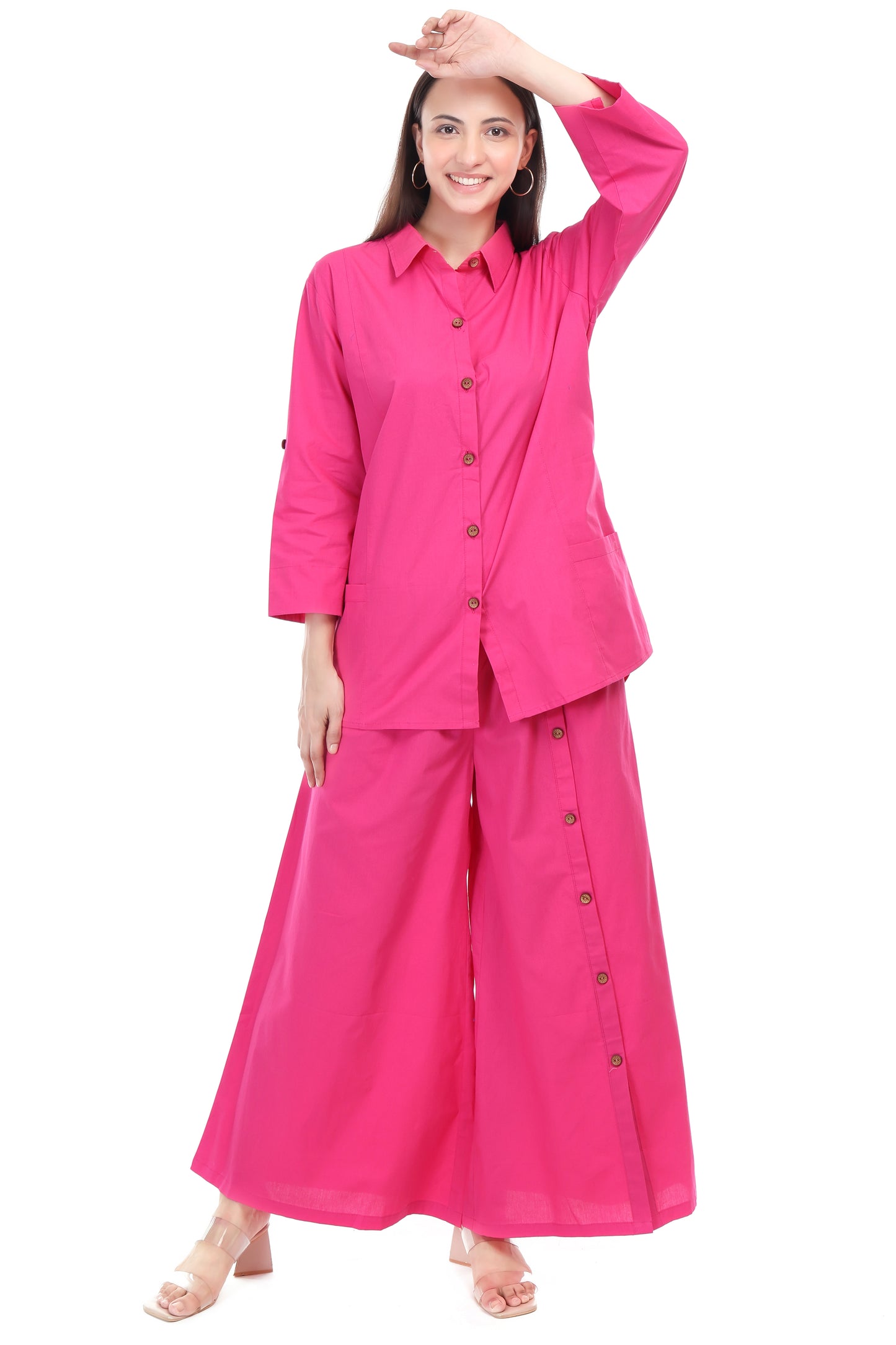 Huegenz Women's Pink Two-Piece Co-Ord Set in Cotton
