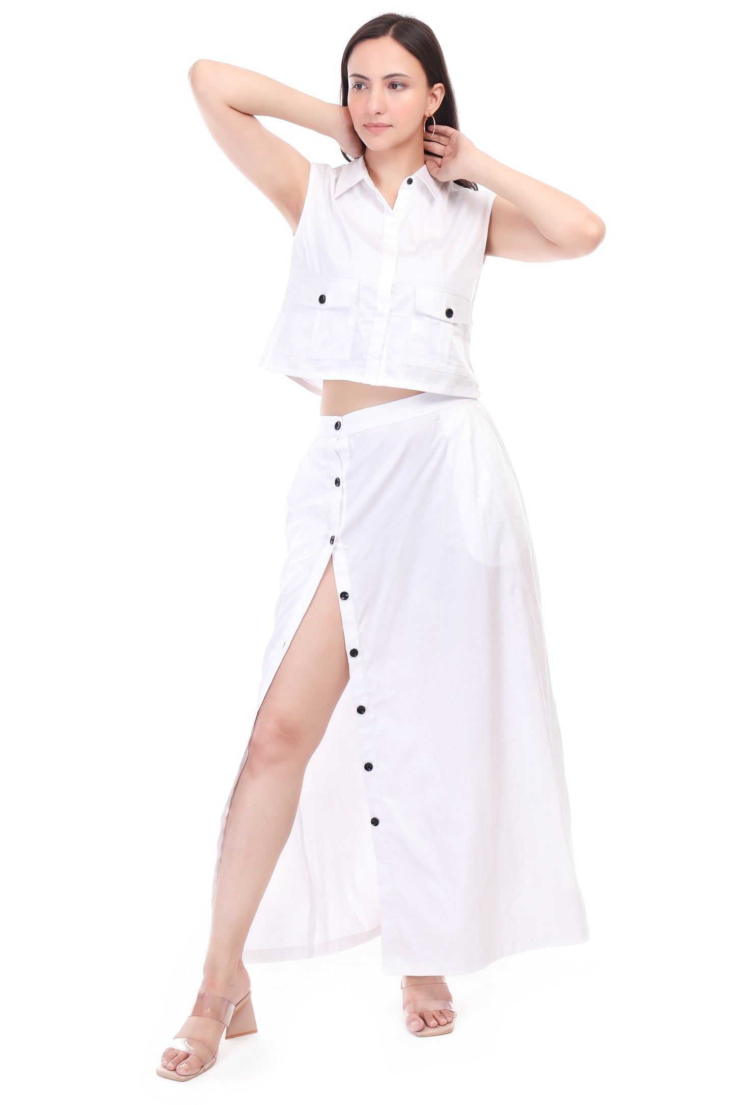 HUEGENZ Two-Piece White Cotton Set, Sleeveless Crop Top with Collar, Button-Down Maxi Skirt