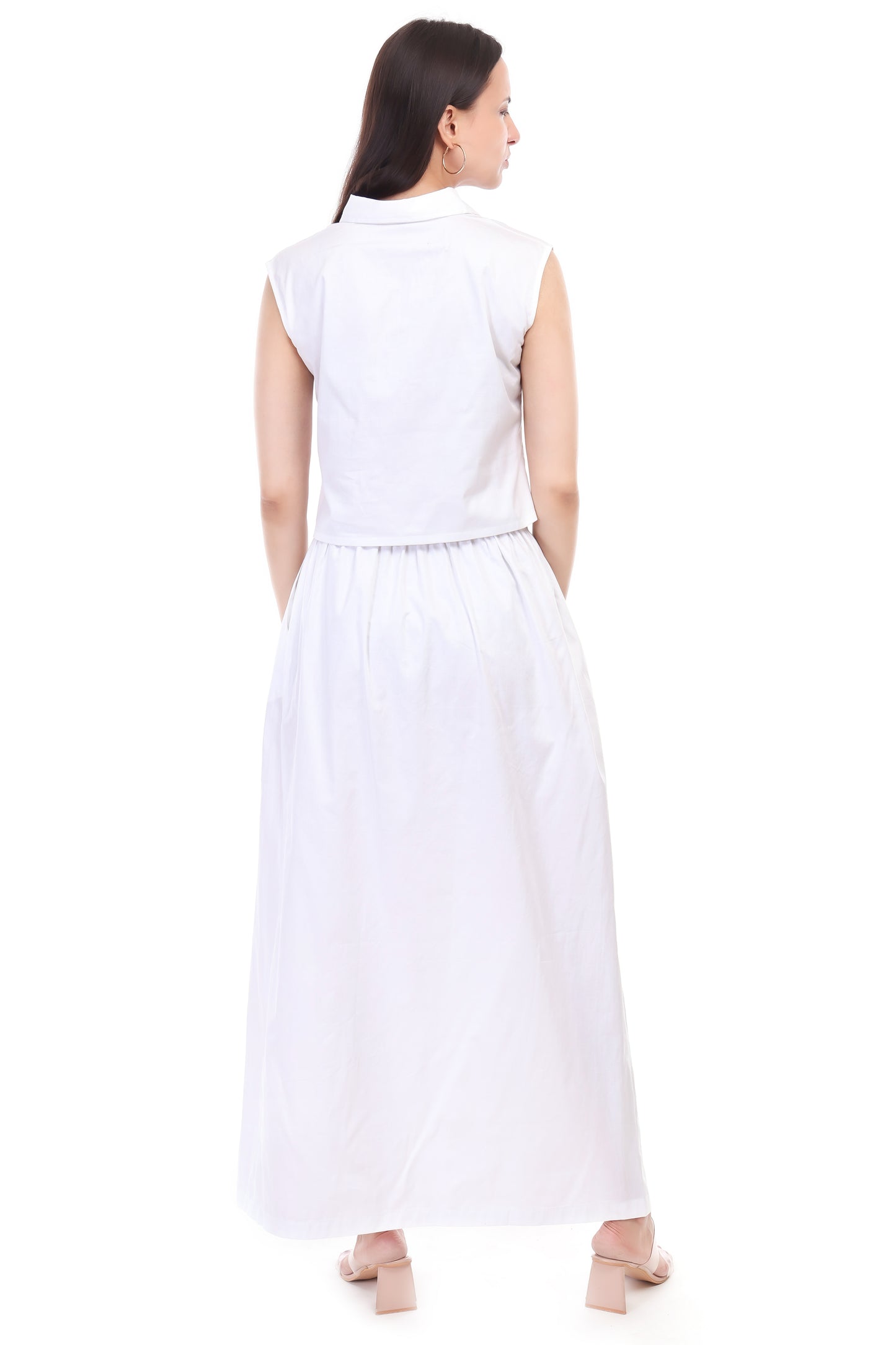 HUEGENZ Two-Piece White Cotton Set, Sleeveless Crop Top with Collar, Button-Down Maxi Skirt