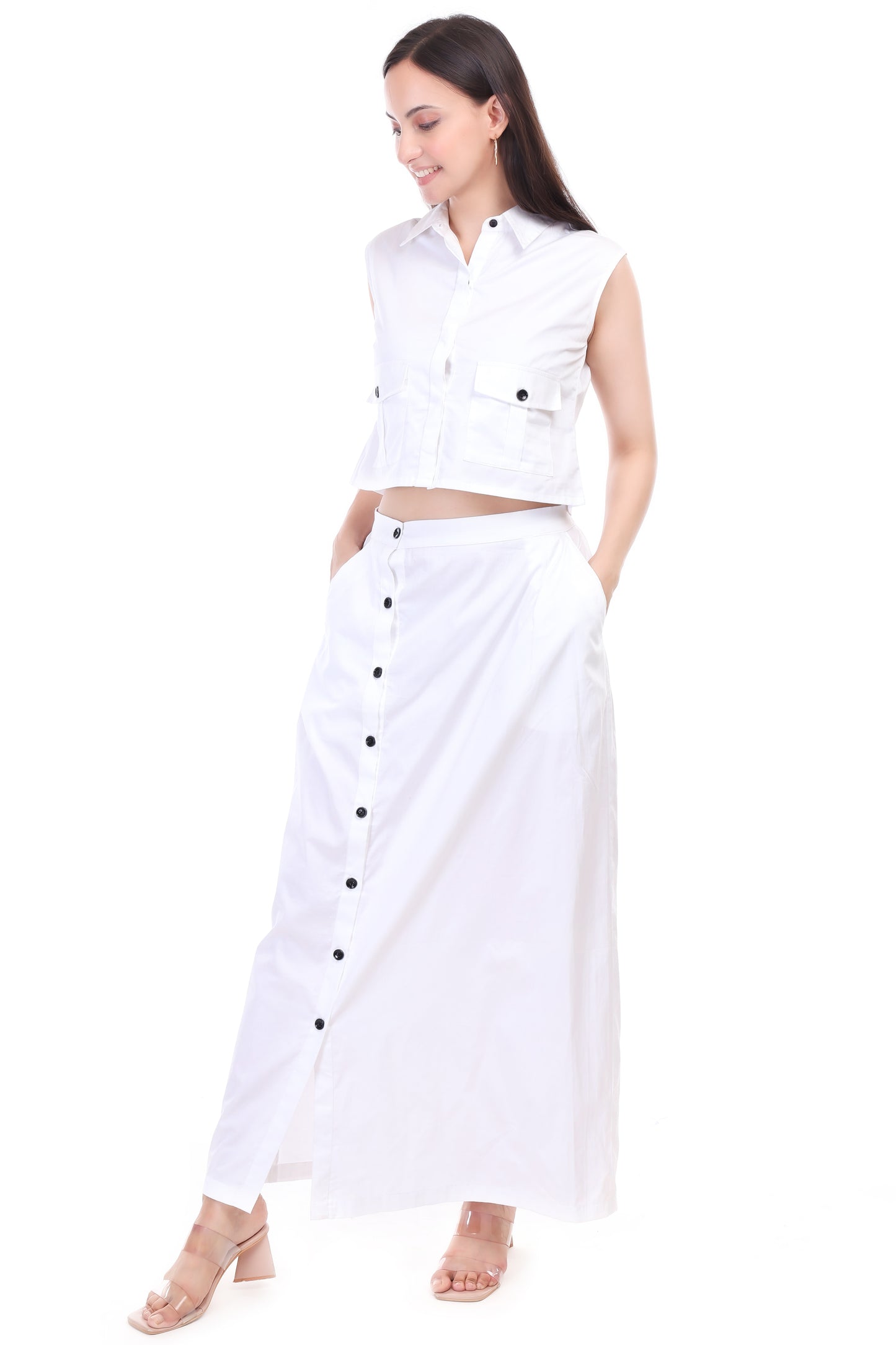 HUEGENZ Two-Piece White Cotton Set, Sleeveless Crop Top with Collar, Button-Down Maxi Skirt