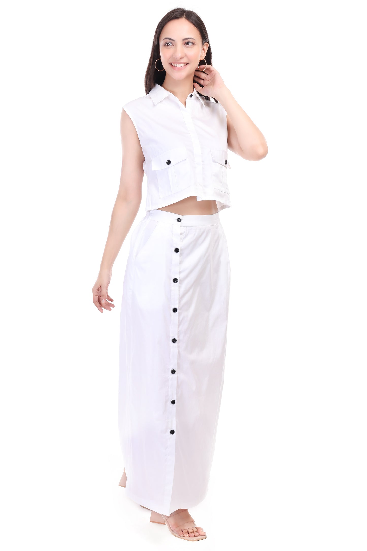 HUEGENZ Two-Piece White Cotton Set, Sleeveless Crop Top with Collar, Button-Down Maxi Skirt