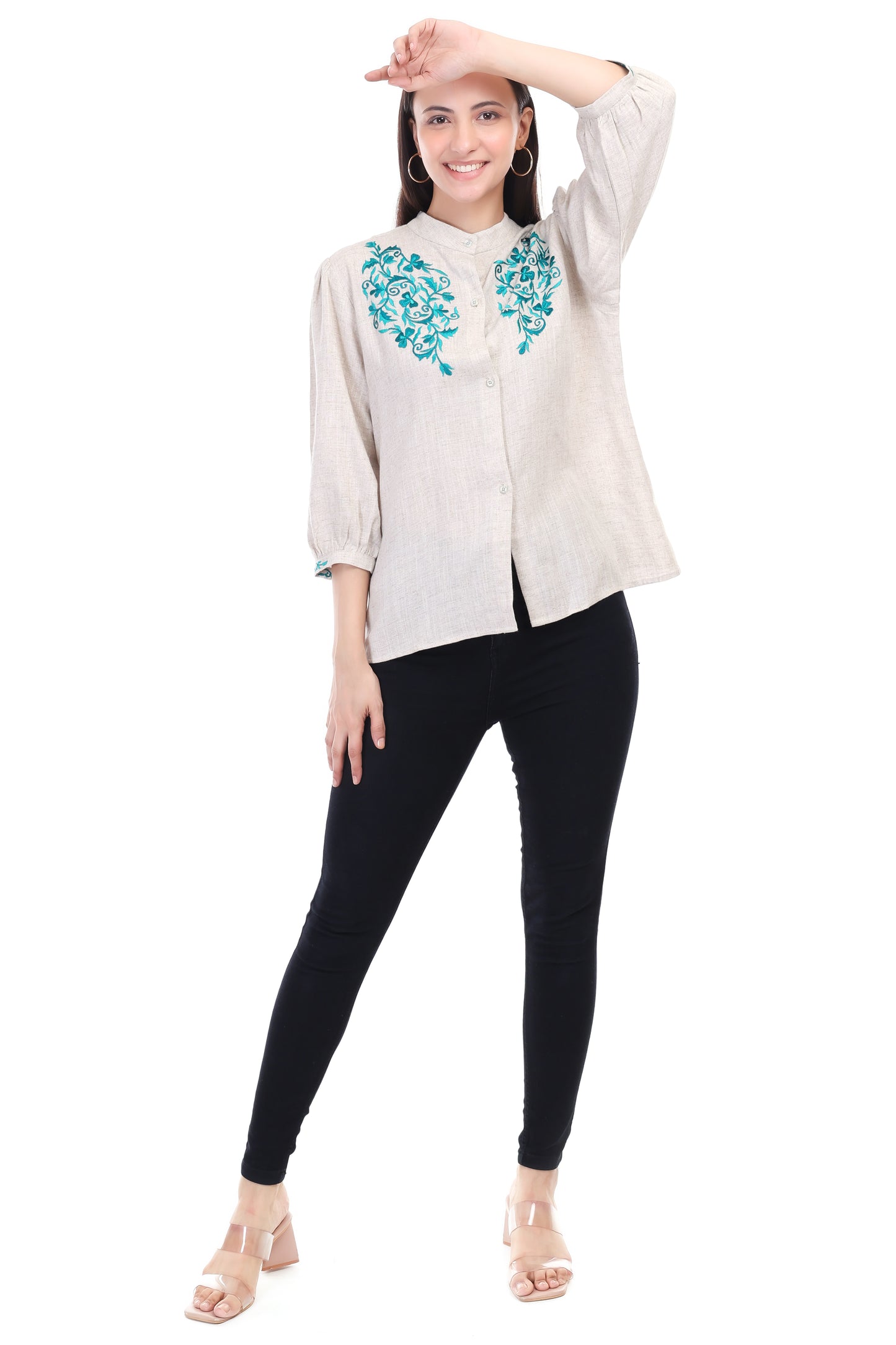 HUEGENZ Beige Women's Floral Embroidered Linen Top