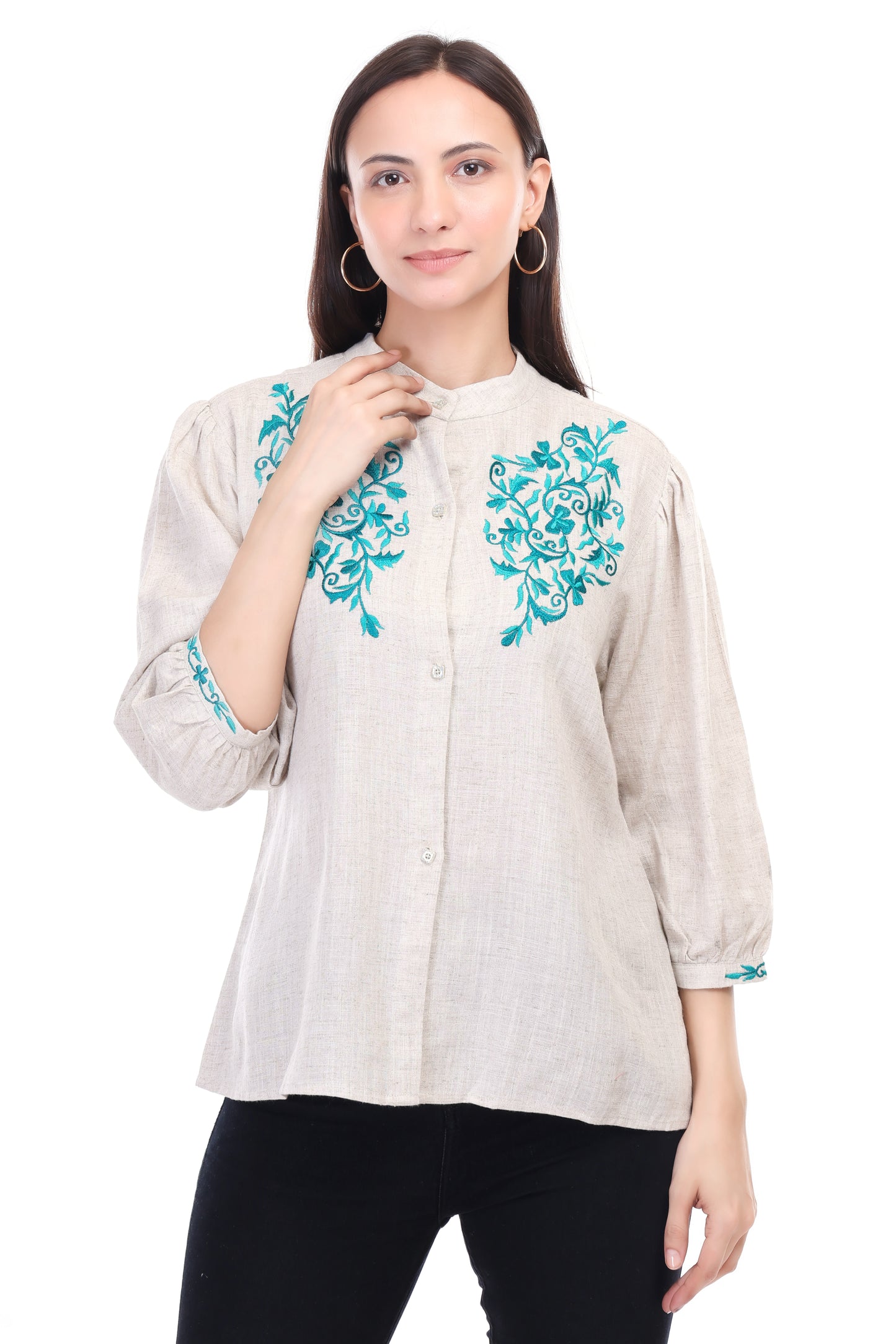 HUEGENZ Beige Women's Floral Embroidered Linen Top