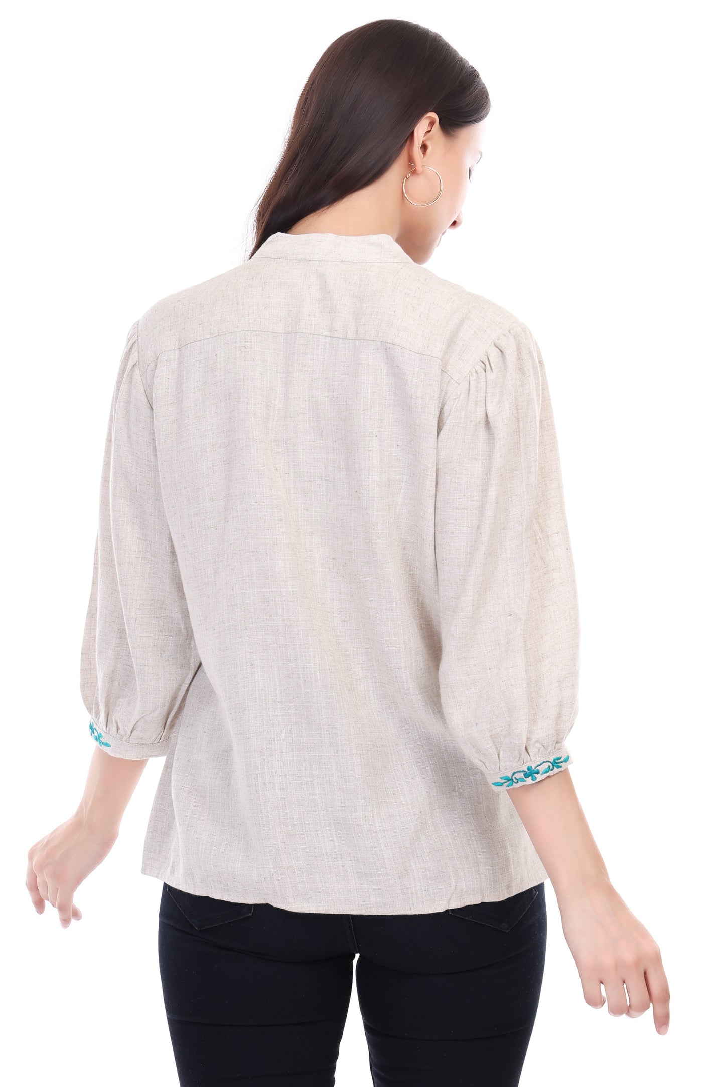 HUEGENZ Beige Women's Floral Embroidered Linen Top