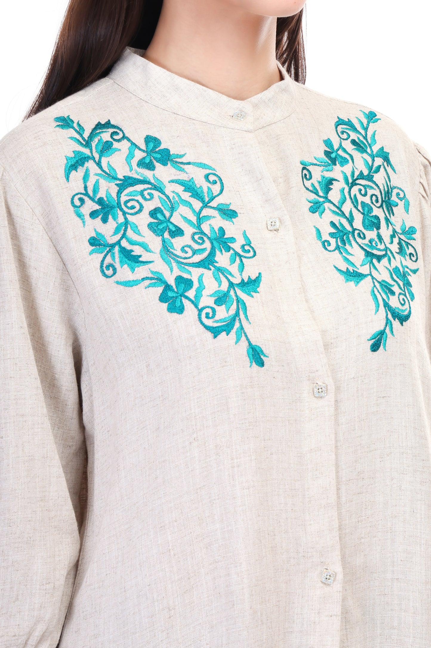 HUEGENZ Beige Women's Floral Embroidered Linen Top