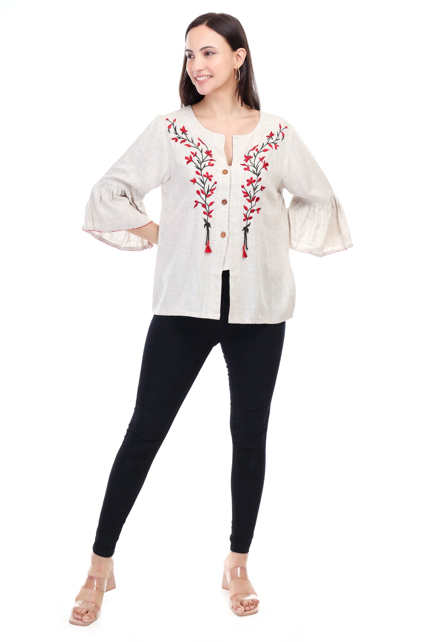HUEGENZ Beige Women's Floral Embroidered Linen Top