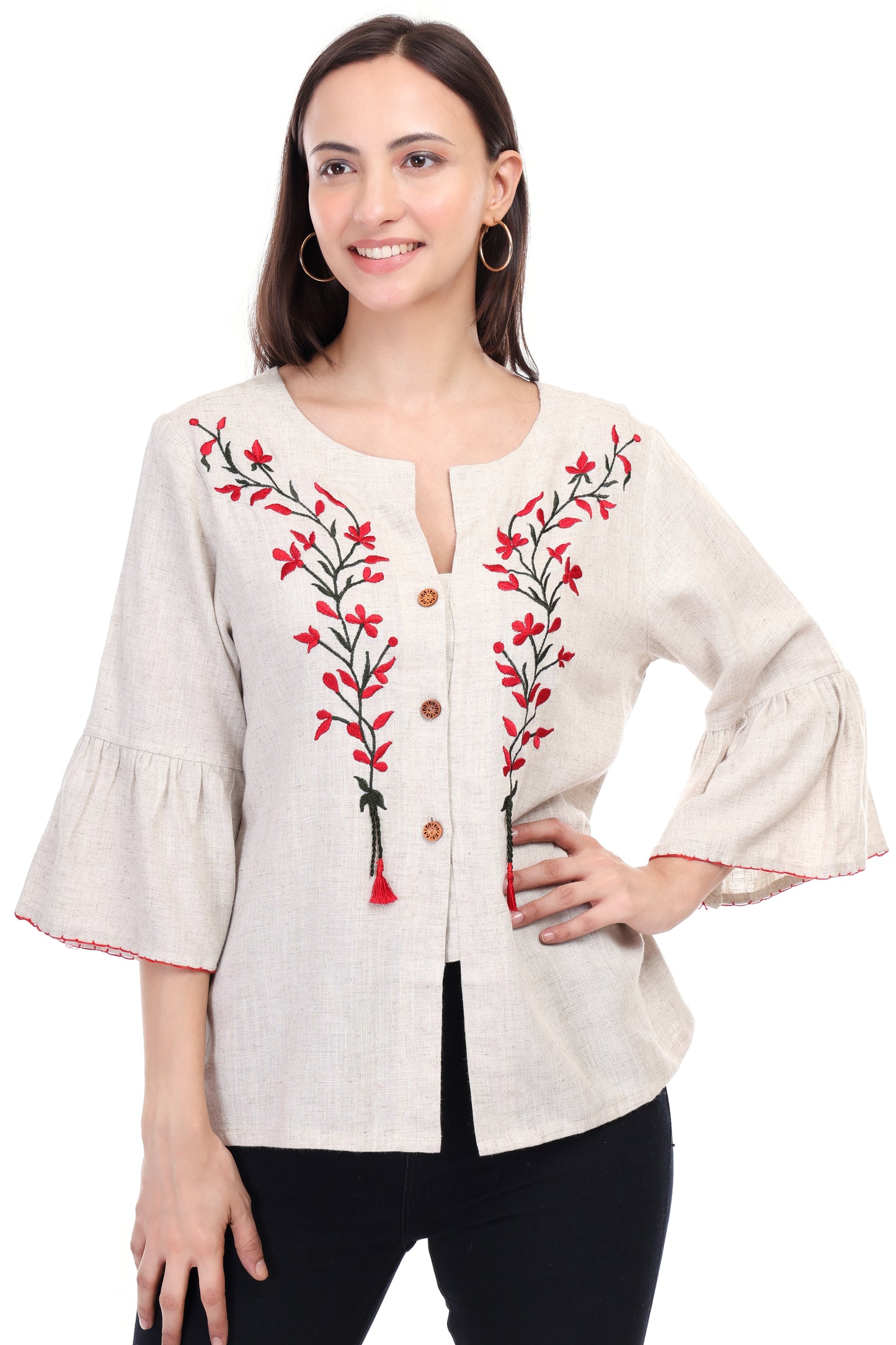HUEGENZ Beige Women's Floral Embroidered Linen Top