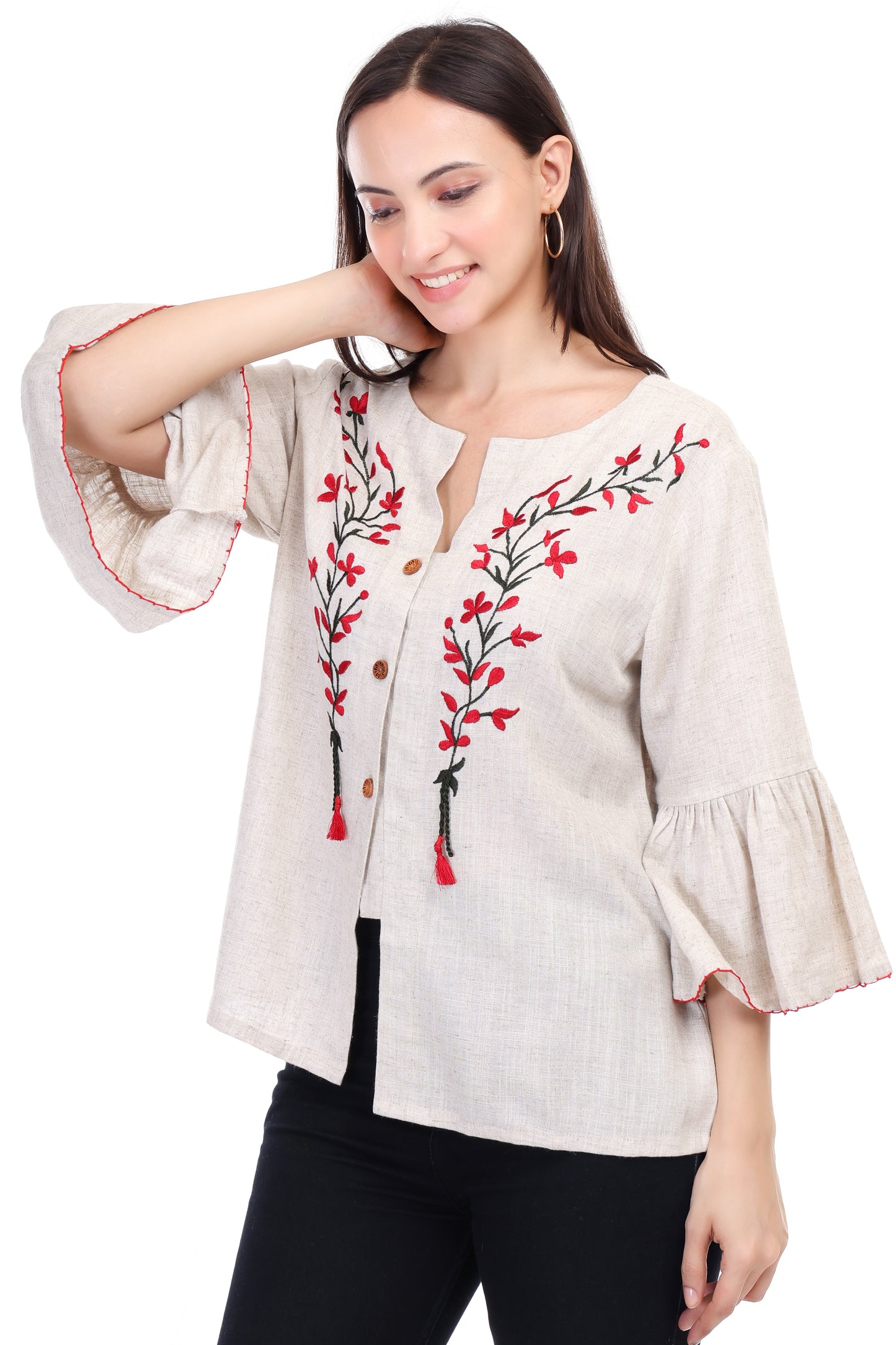 HUEGENZ Beige Women's Floral Embroidered Linen Top