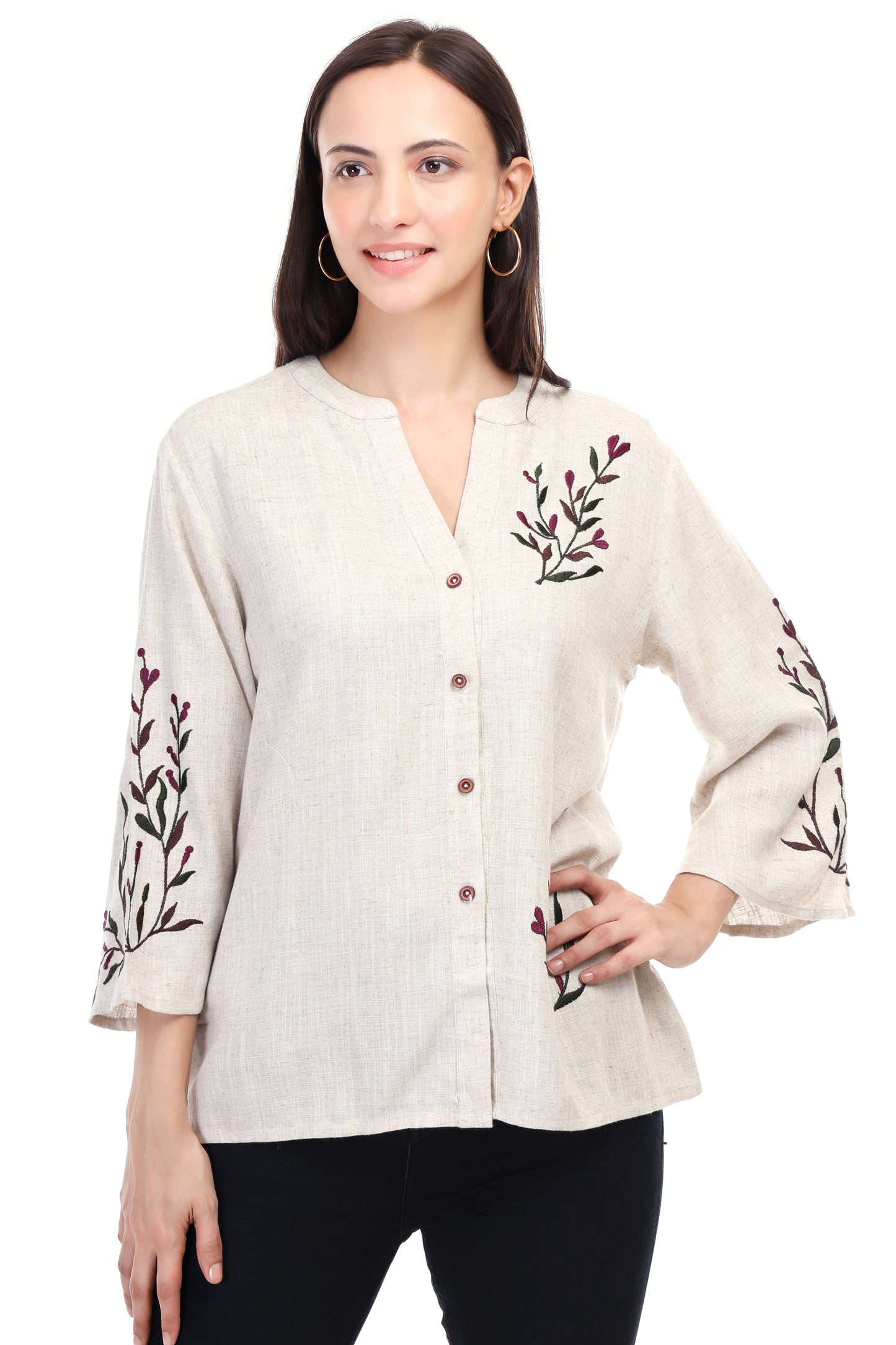 HUEGENZ Beige Women's Floral Embroidered Linen Top