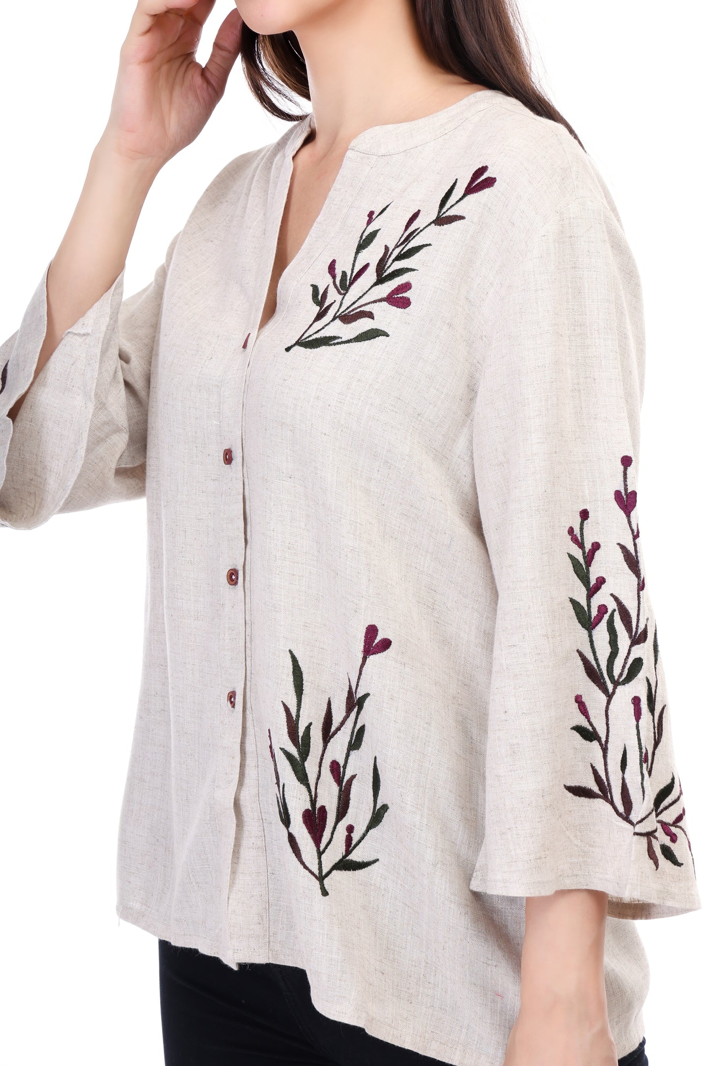 HUEGENZ Beige Women's Floral Embroidered Linen Top