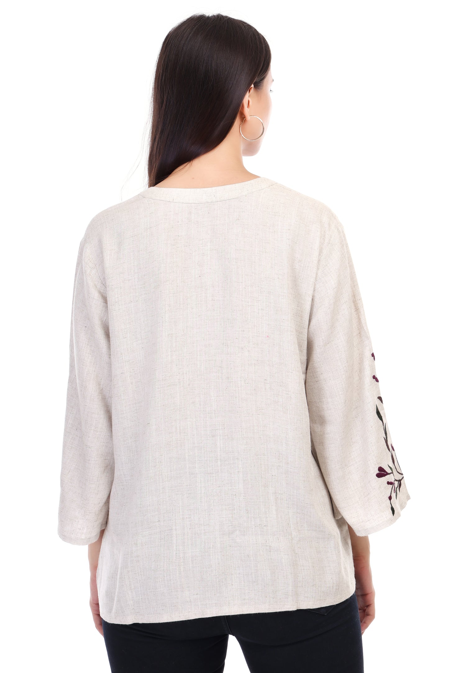 HUEGENZ Beige Women's Floral Embroidered Linen Top