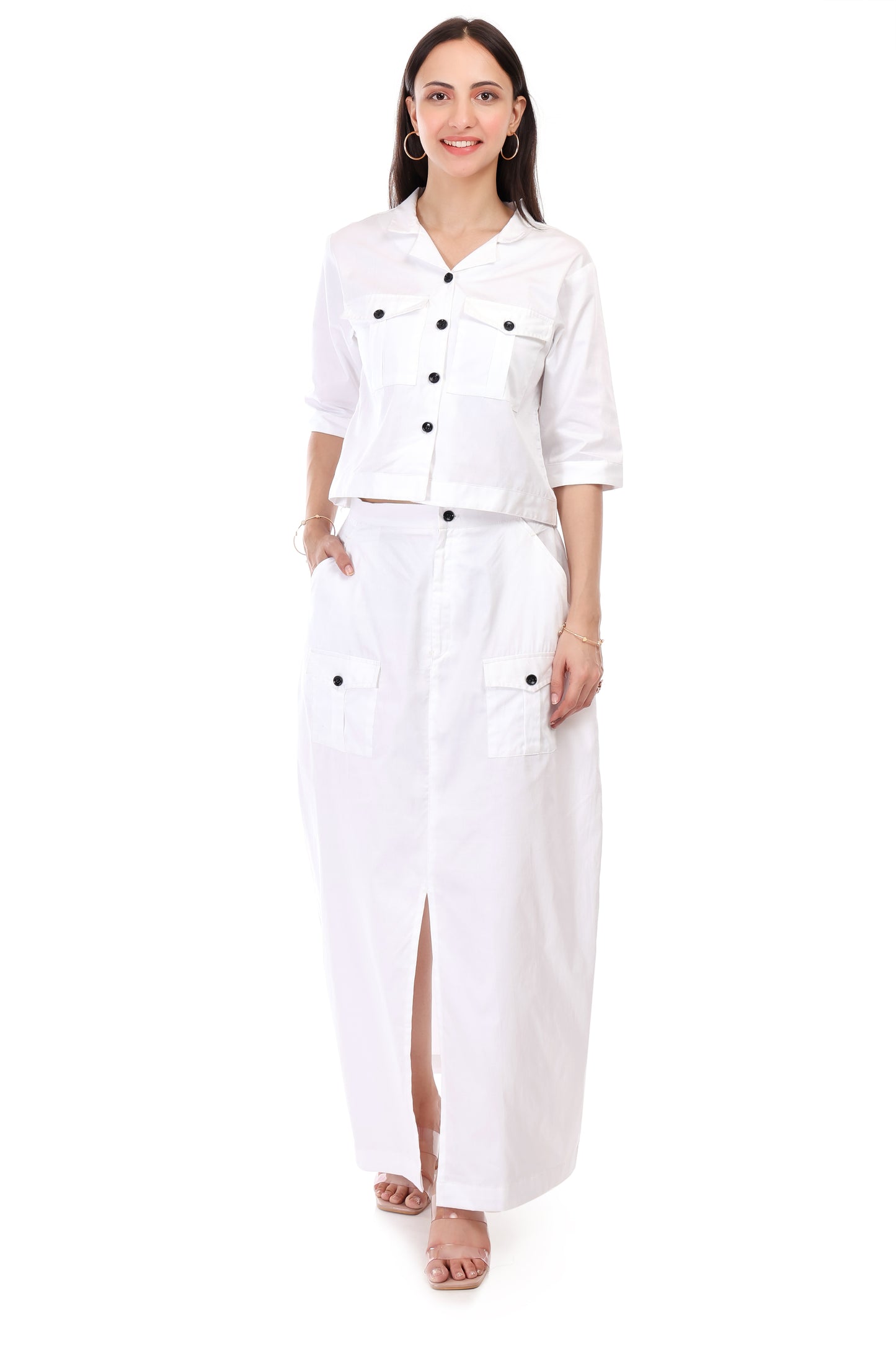 HUEGENZ Two-Piece White Cotton Set, Short Sleeves Crop Top with Collar, Button-Down Maxi Skirt
