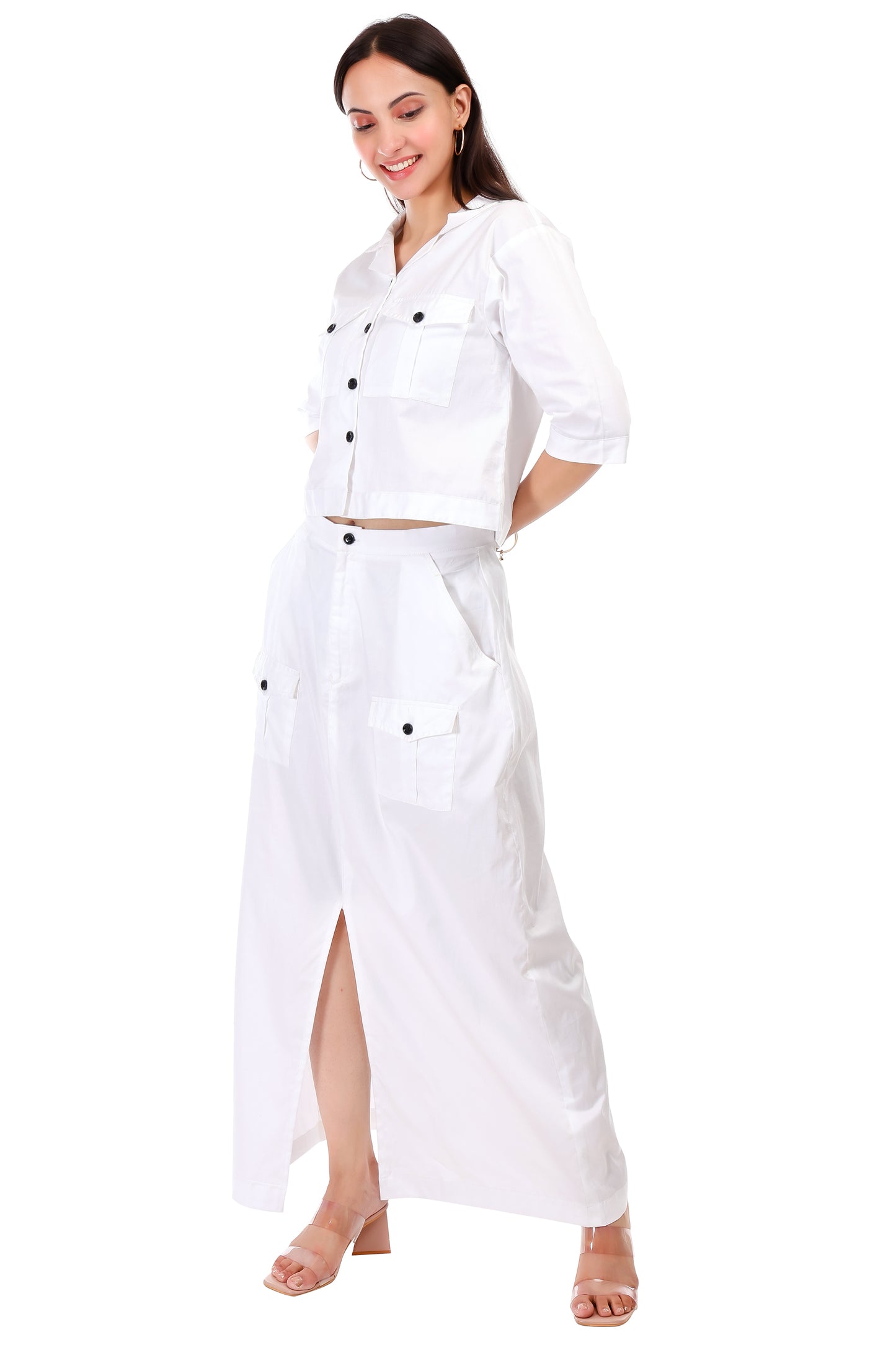 HUEGENZ Two-Piece White Cotton Set, Short Sleeves Crop Top with Collar, Button-Down Maxi Skirt