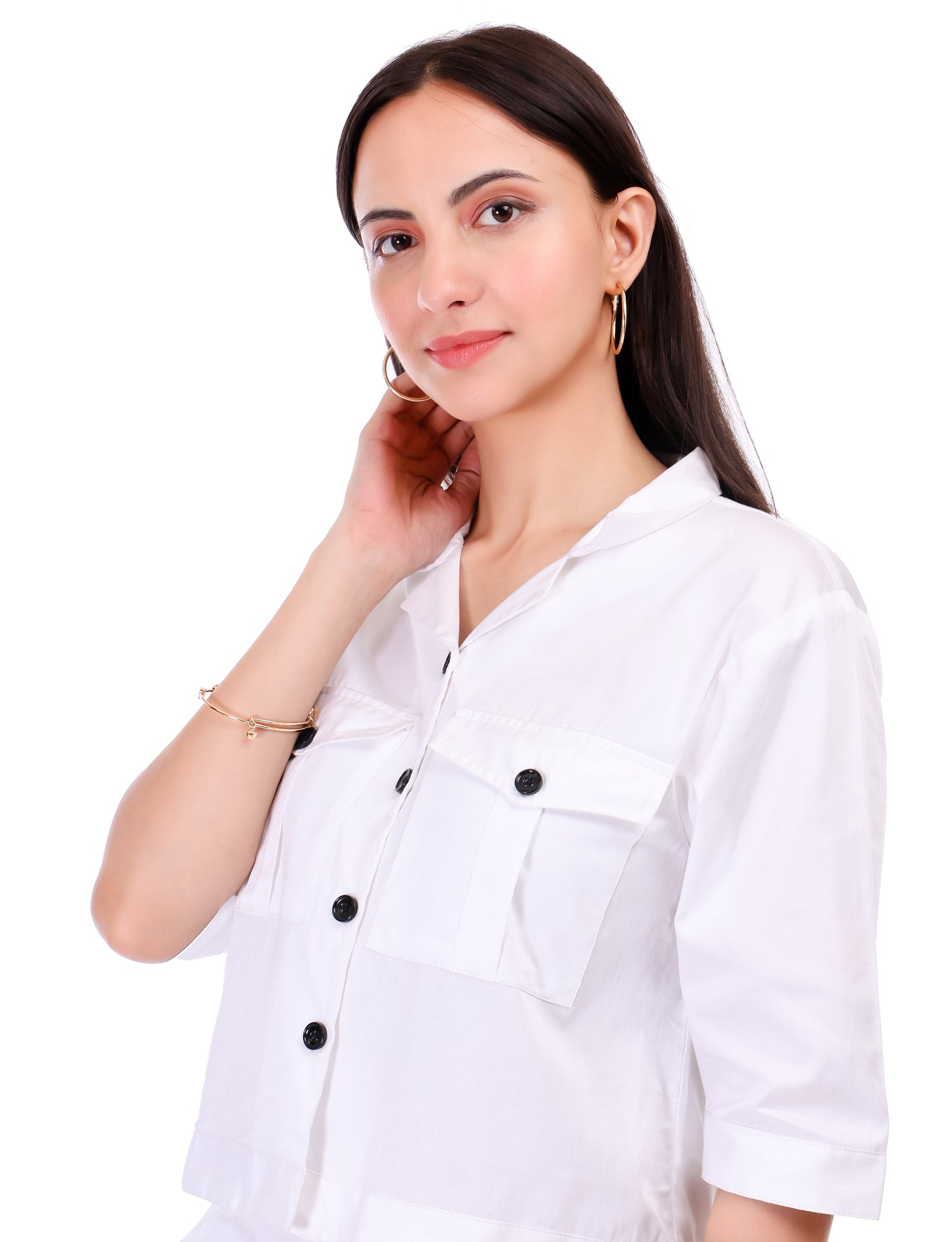 HUEGENZ Two-Piece White Cotton Set, Short Sleeves Crop Top with Collar, Button-Down Maxi Skirt