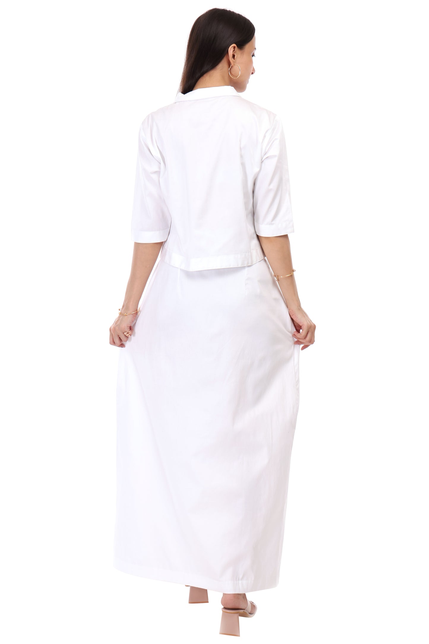 HUEGENZ Two-Piece White Cotton Set, Short Sleeves Crop Top with Collar, Button-Down Maxi Skirt