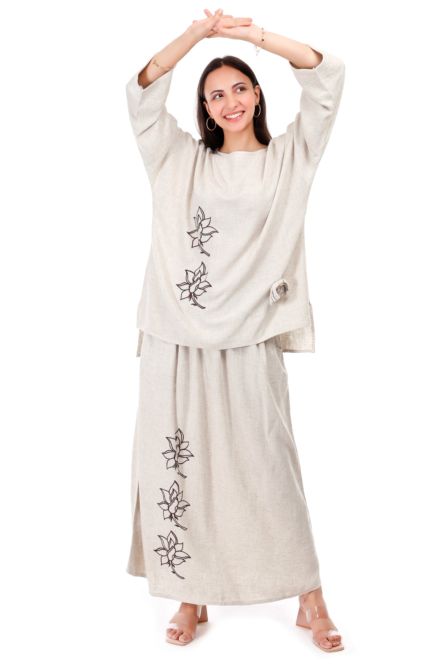 Huegenz Women's Beige Two-Piece Co-Ord Set in Viscose Linen with Floral Embroidery
