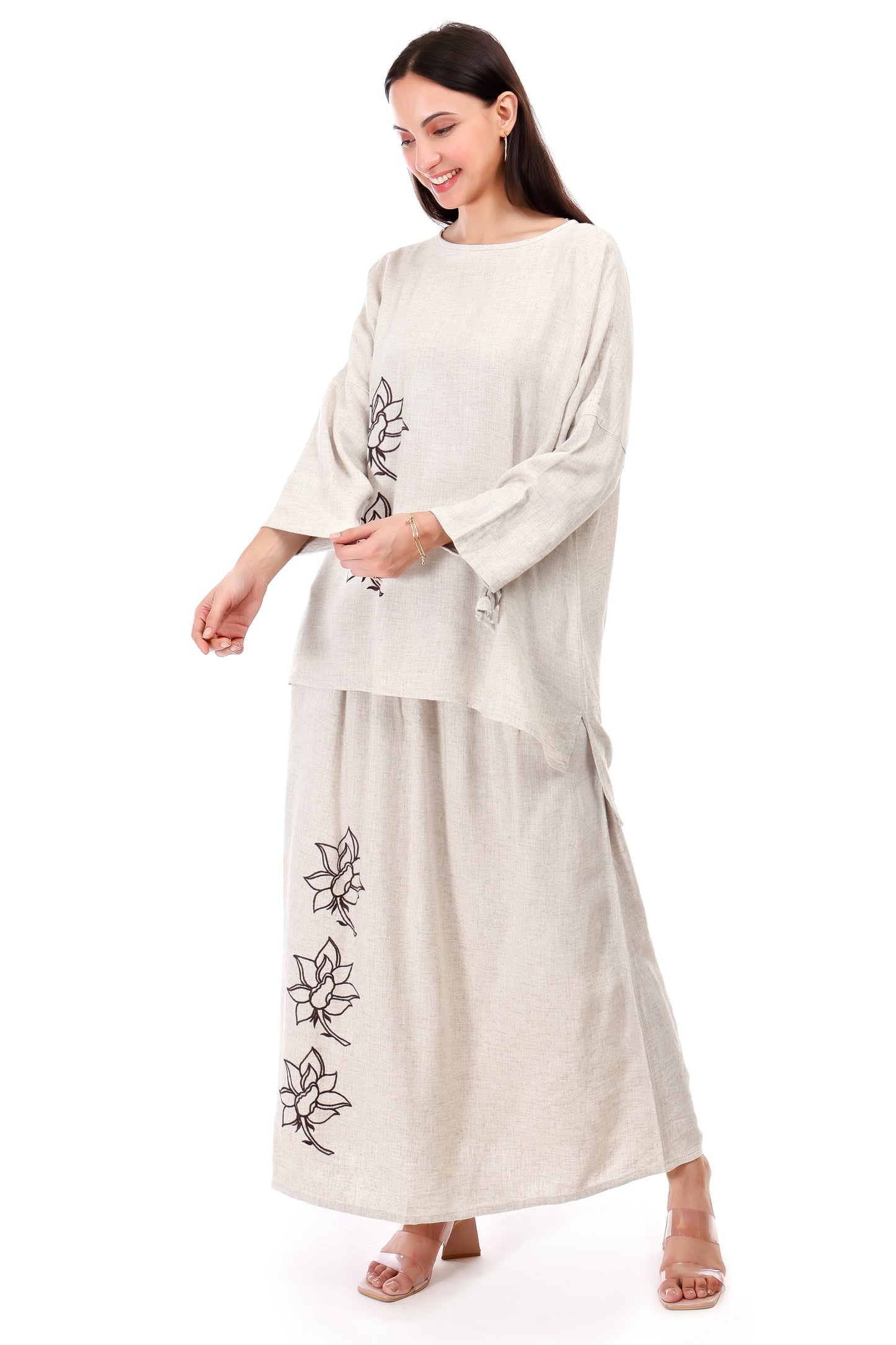 Huegenz Women's Beige Two-Piece Co-Ord Set in Viscose Linen with Floral Embroidery