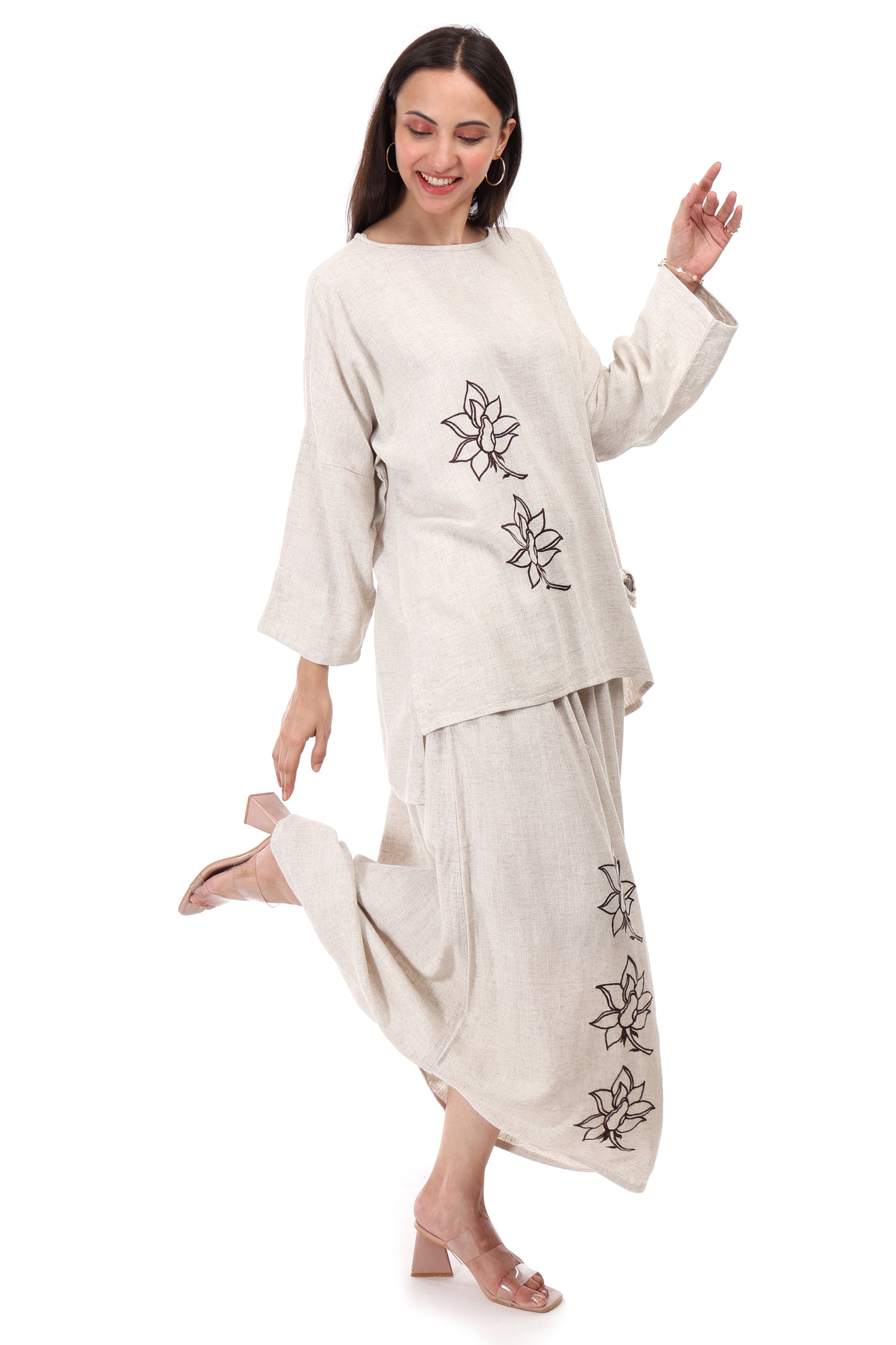 Huegenz Women's Beige Two-Piece Co-Ord Set in Viscose Linen with Floral Embroidery