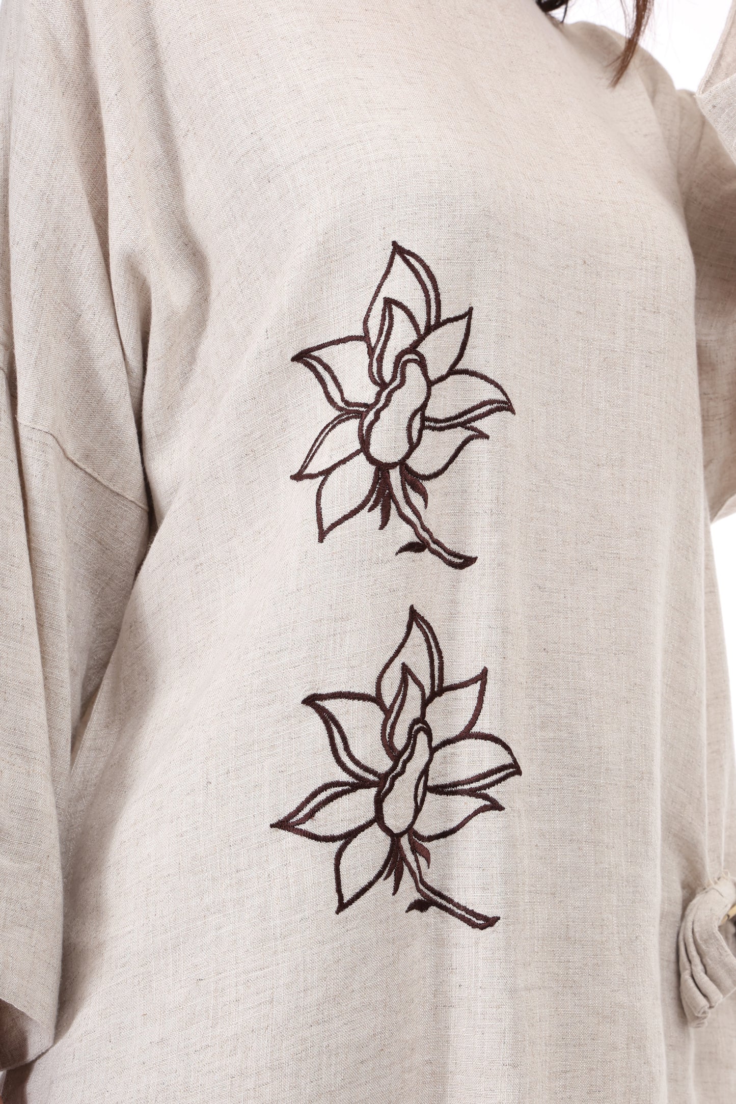 Huegenz Women's Beige Two-Piece Co-Ord Set in Viscose Linen with Floral Embroidery
