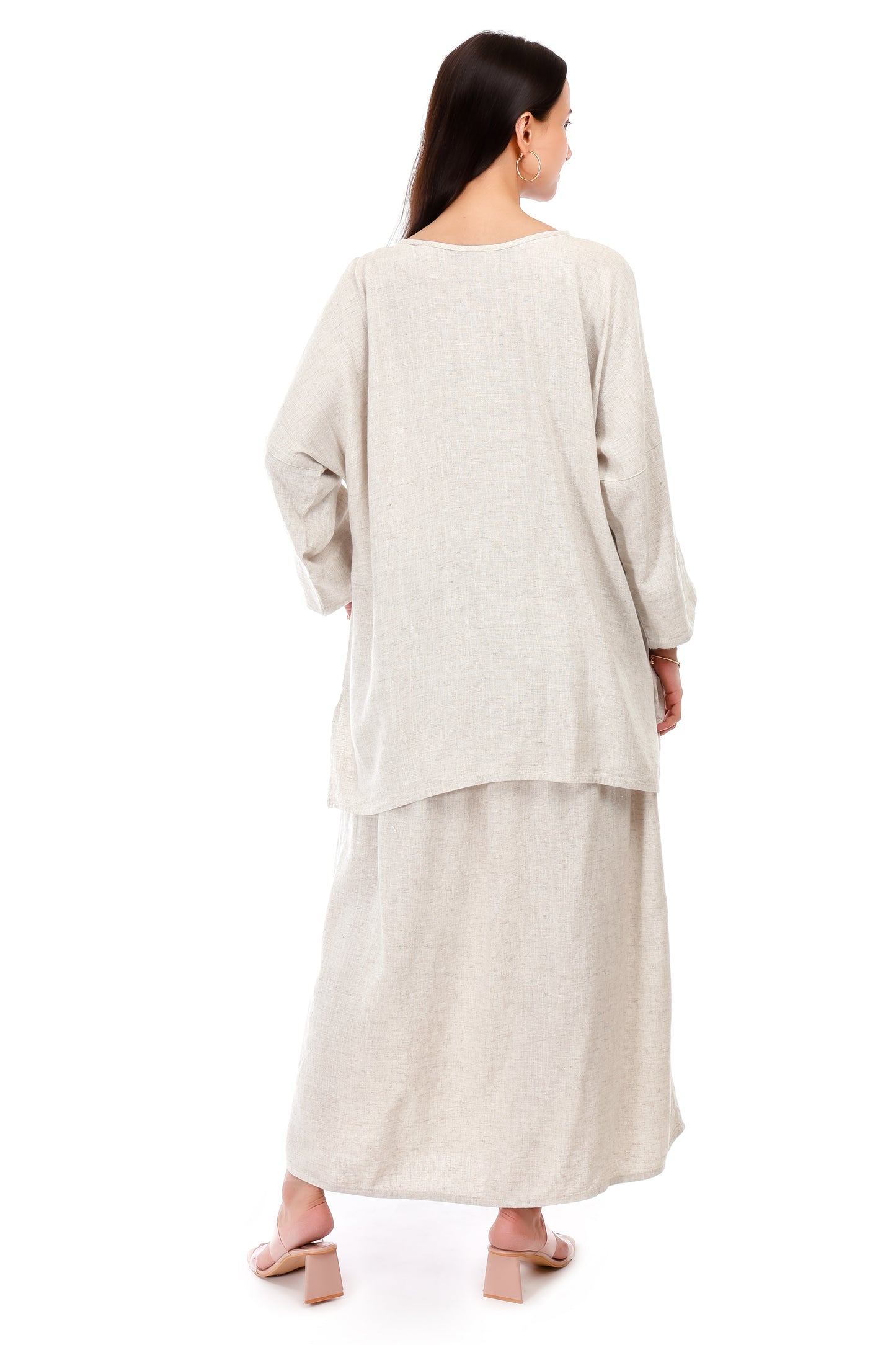 Huegenz Women's Beige Two-Piece Co-Ord Set in Viscose Linen with Floral Embroidery