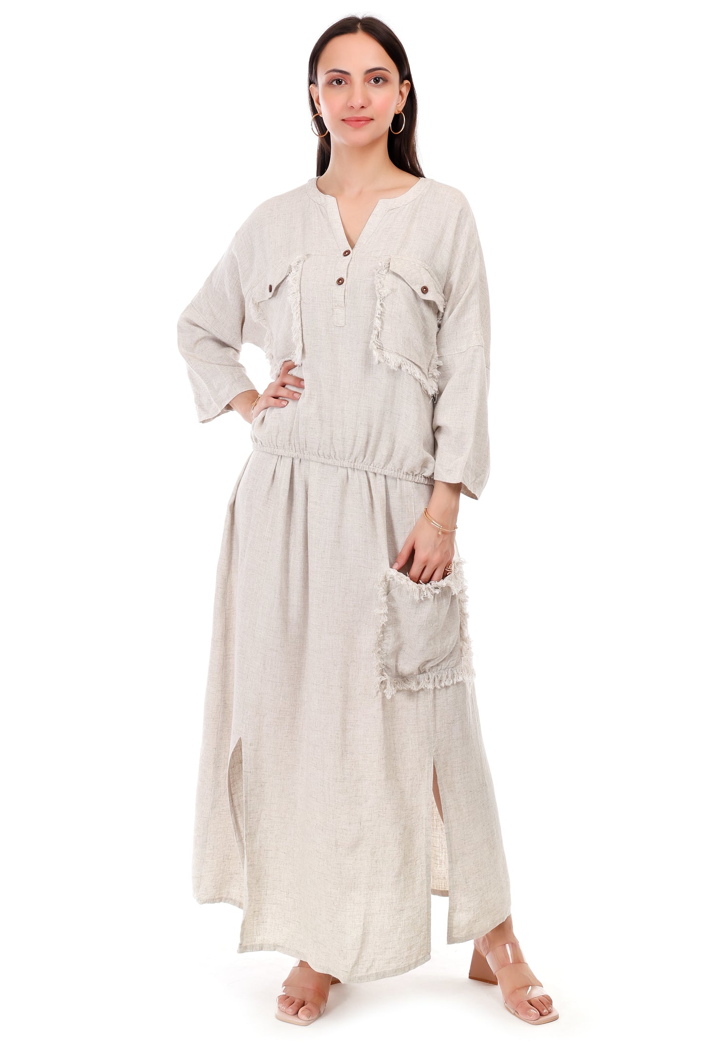 Huegenz Women's Beige Two-Piece Co-Ord Set in Viscose linen