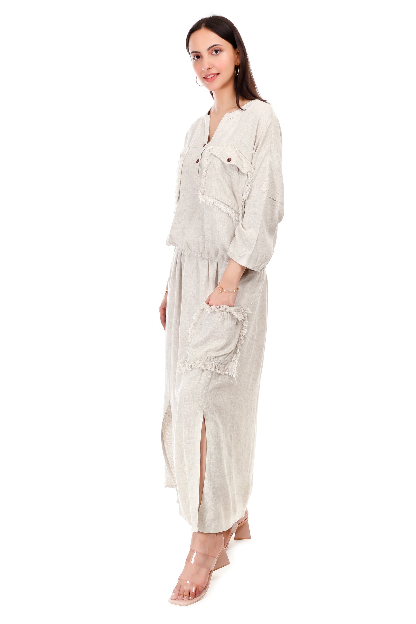 Huegenz Women's Beige Two-Piece Co-Ord Set in Viscose linen