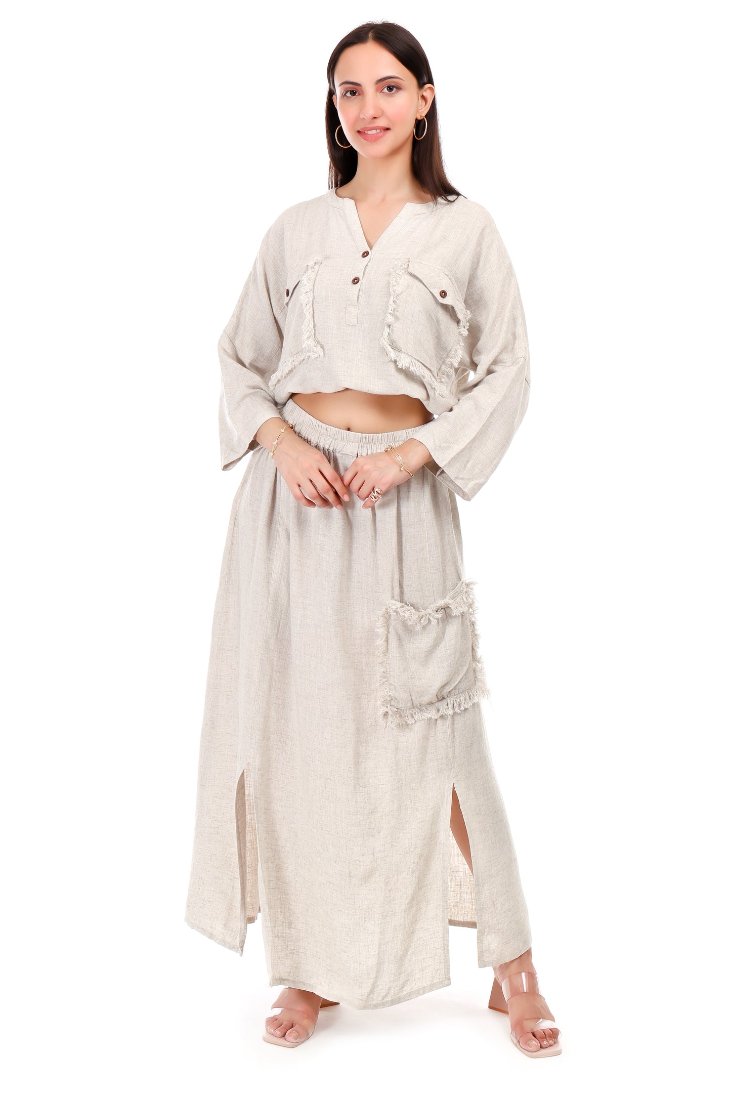 Huegenz Women's Beige Two-Piece Co-Ord Set in Viscose linen