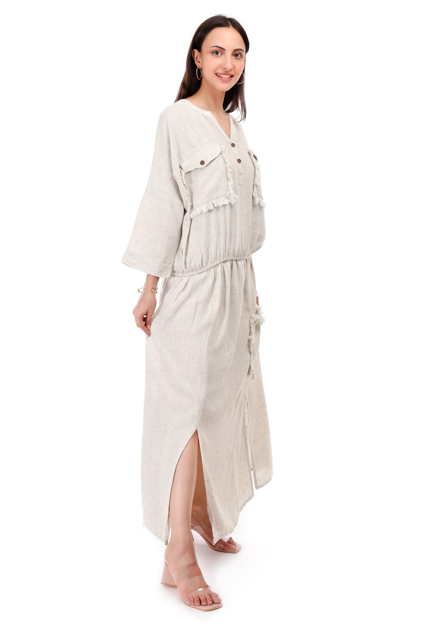 Huegenz Women's Beige Two-Piece Co-Ord Set in Viscose linen