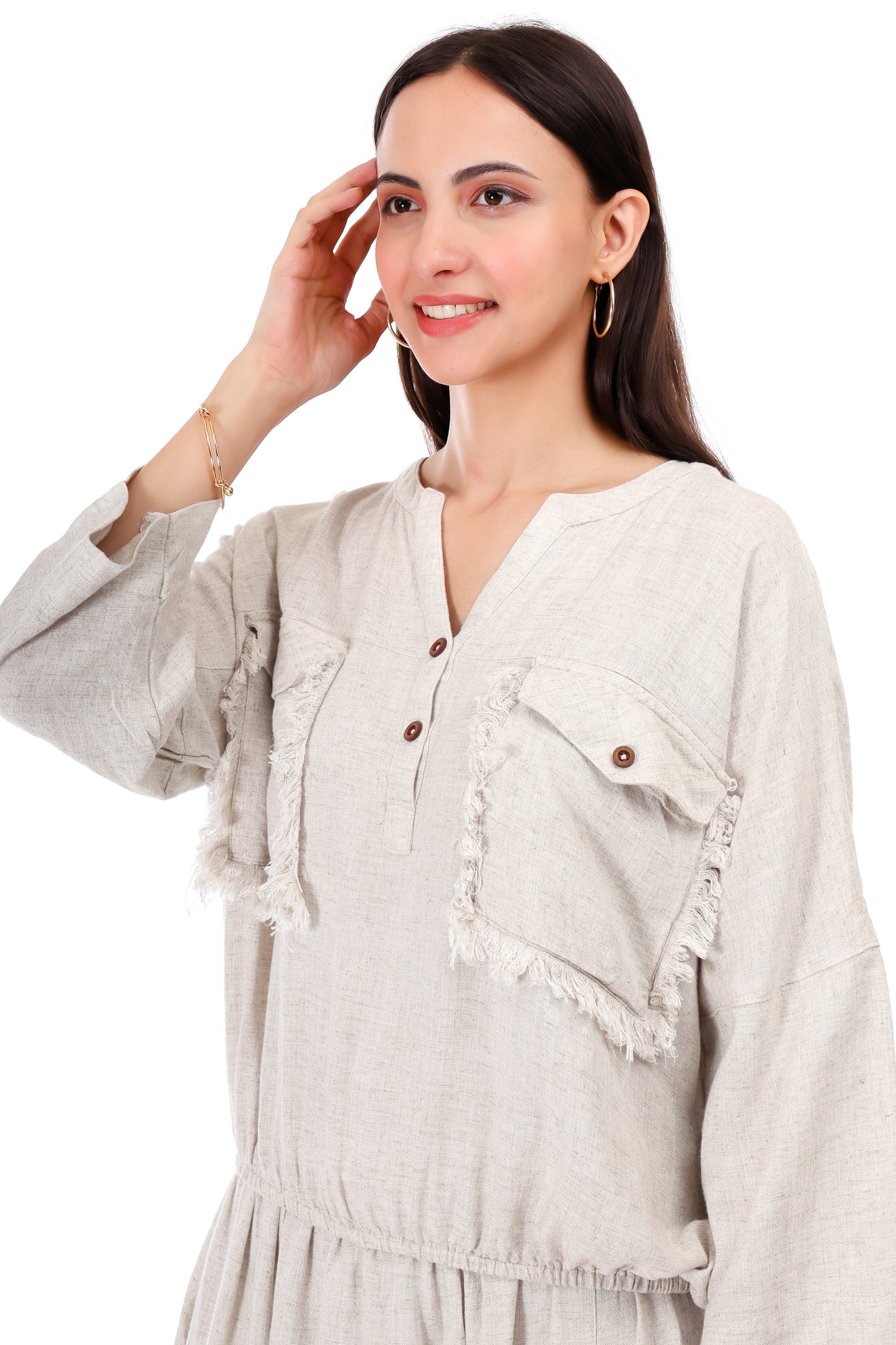 Huegenz Women's Beige Two-Piece Co-Ord Set in Viscose linen
