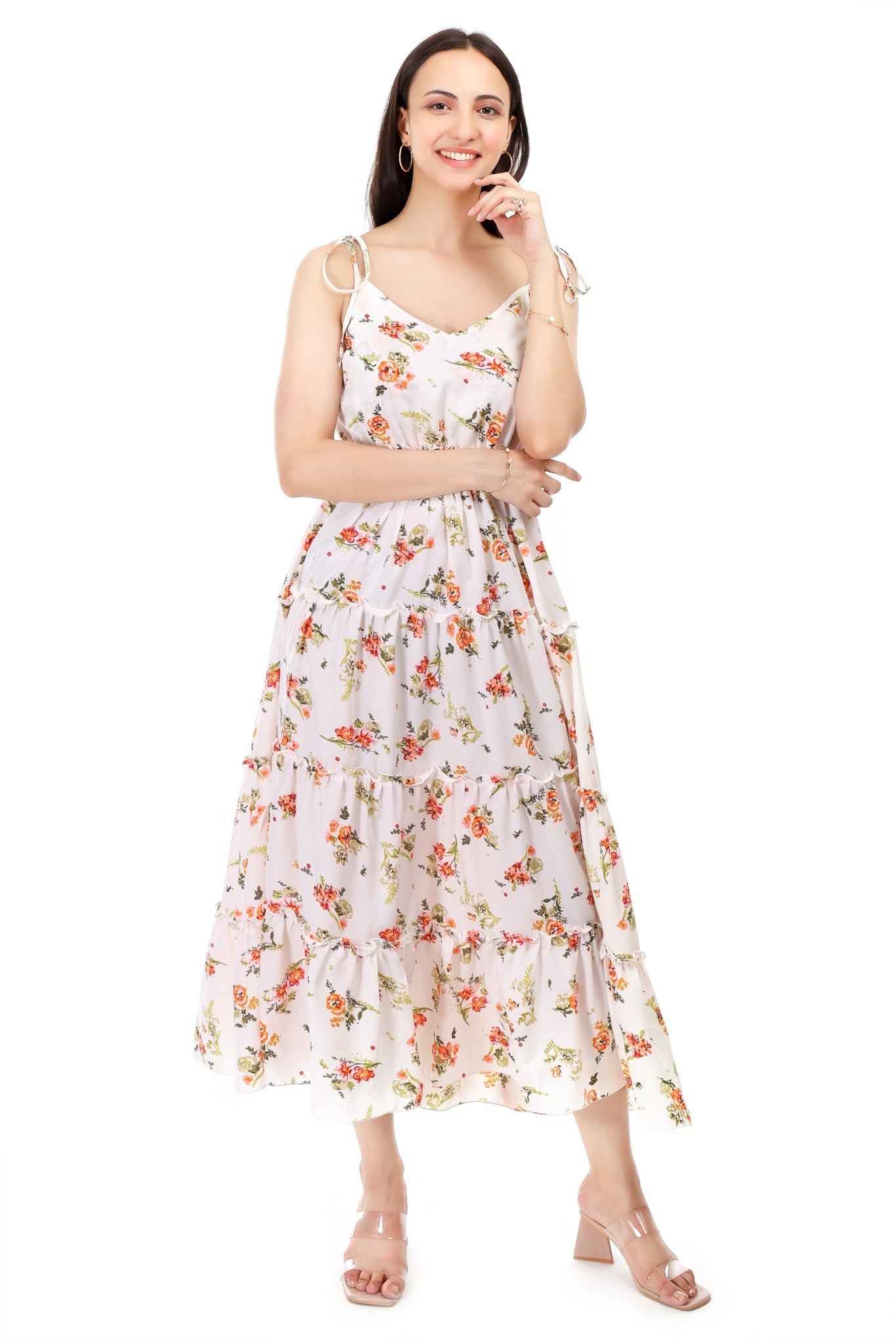 Floral Tiered Maxi Dress with Shoulder Tie Straps – Poly Crepe