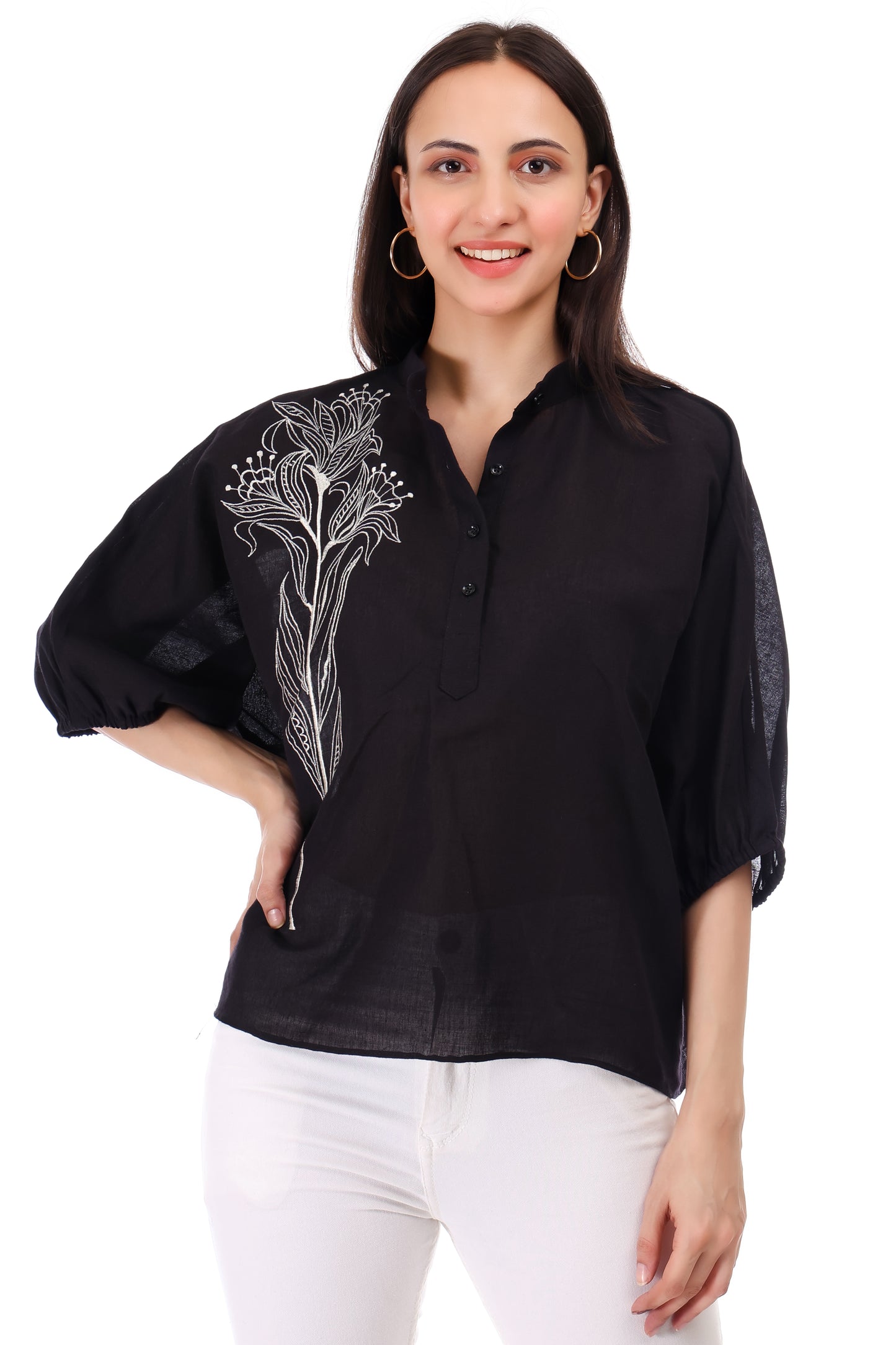 Huegenz Cotton Linen Casual Top | Embroidered Top with 3/4 Kimono Sleeves & Mandarin Collar | Ideal for Casual & Stylish Look | Color- Black |