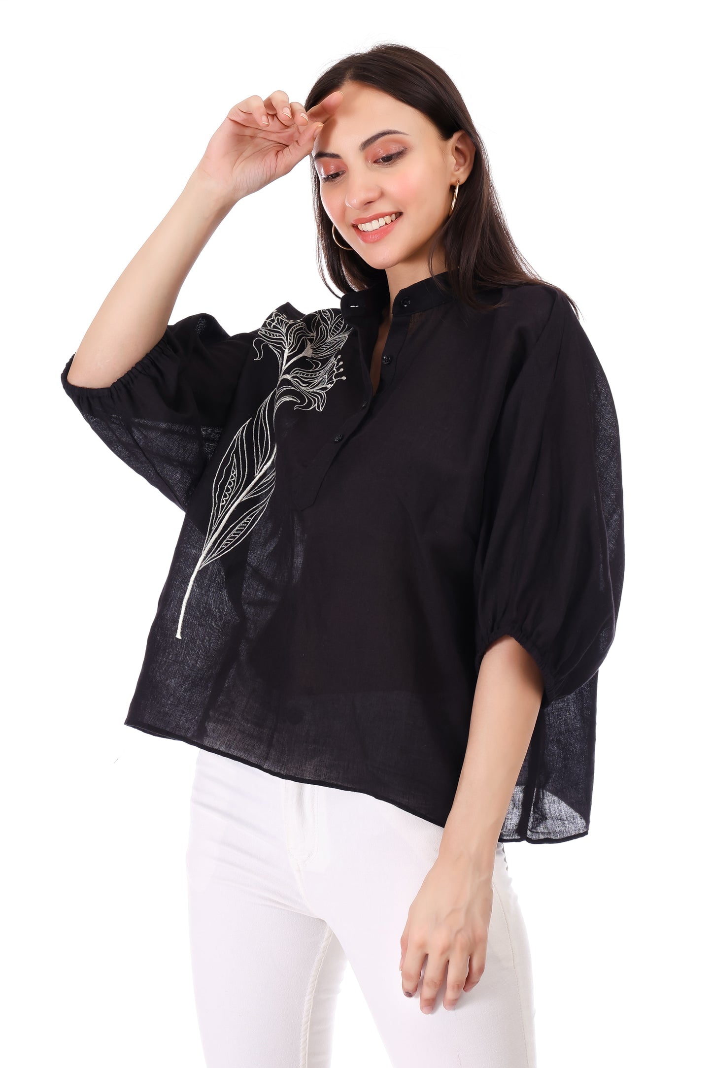 Huegenz Cotton Linen Casual Top | Embroidered Top with 3/4 Kimono Sleeves & Mandarin Collar | Ideal for Casual & Stylish Look | Color- Black |