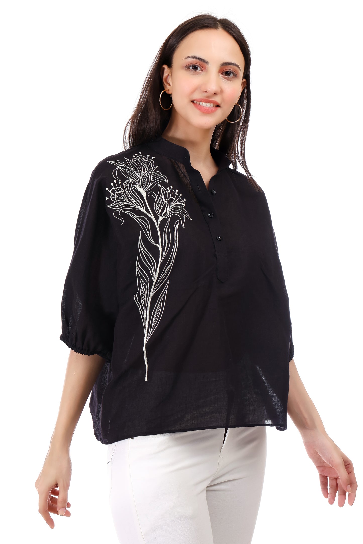 Huegenz Cotton Linen Casual Top | Embroidered Top with 3/4 Kimono Sleeves & Mandarin Collar | Ideal for Casual & Stylish Look | Color- Black |
