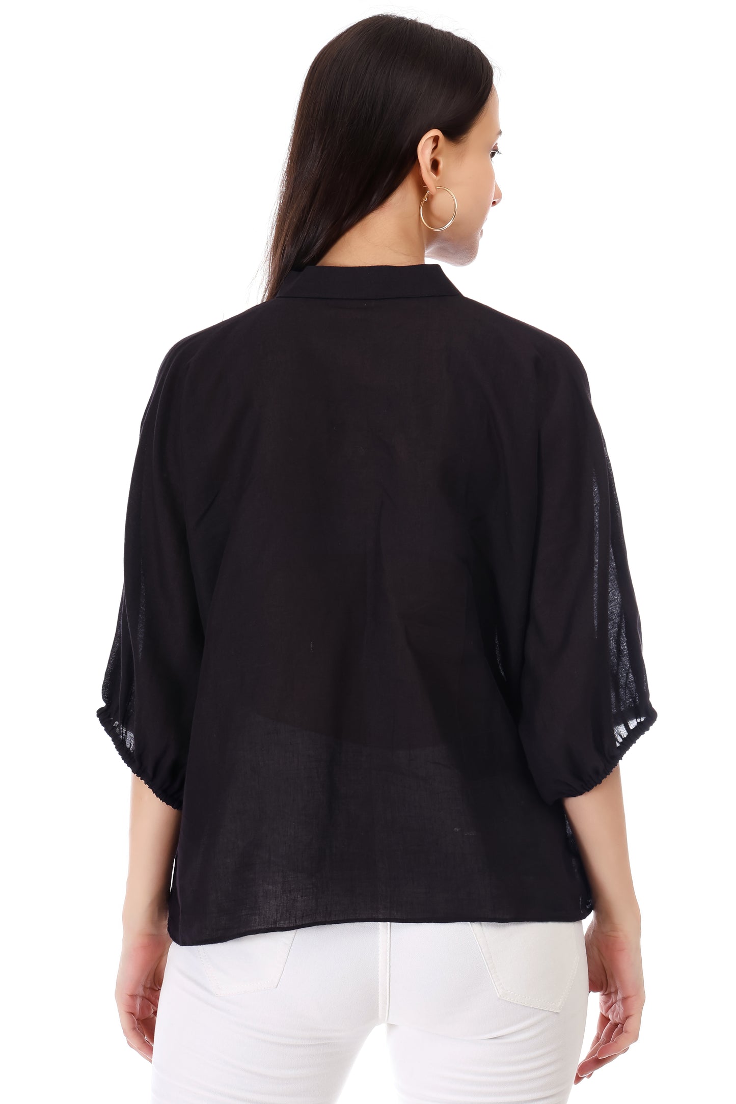Huegenz Cotton Linen Casual Top | Embroidered Top with 3/4 Kimono Sleeves & Mandarin Collar | Ideal for Casual & Stylish Look | Color- Black |