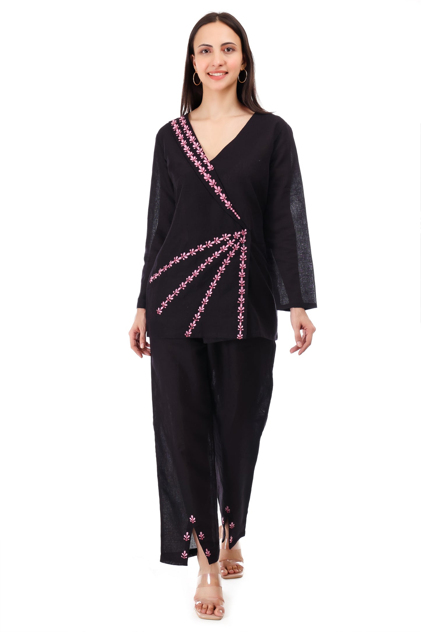 Huegenz Women's Black Two-Piece Co-Ord Set in Viscose Rayon with Floral Embroidery