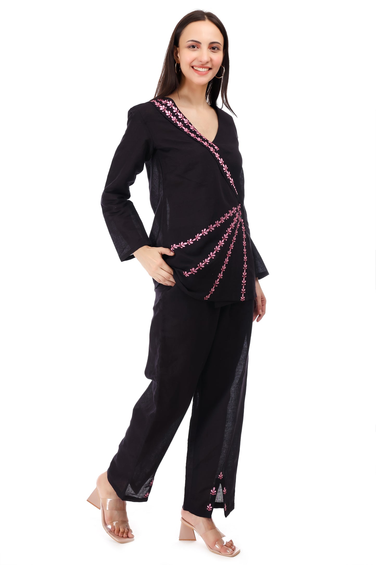Huegenz Women's Black Two-Piece Co-Ord Set in Viscose Rayon with Floral Embroidery