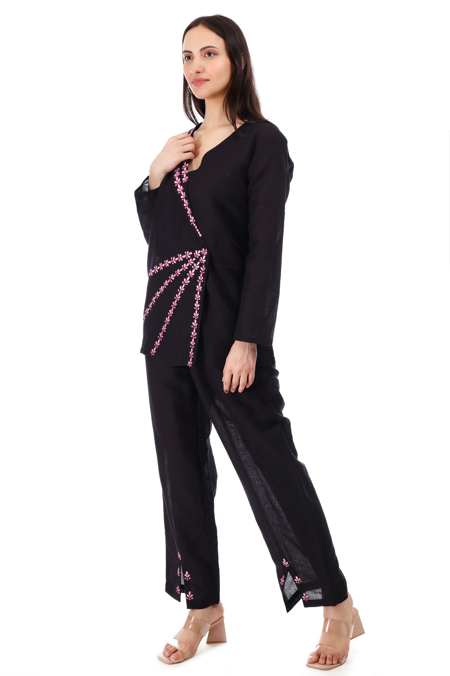 Huegenz Women's Black Two-Piece Co-Ord Set in Viscose Rayon with Floral Embroidery