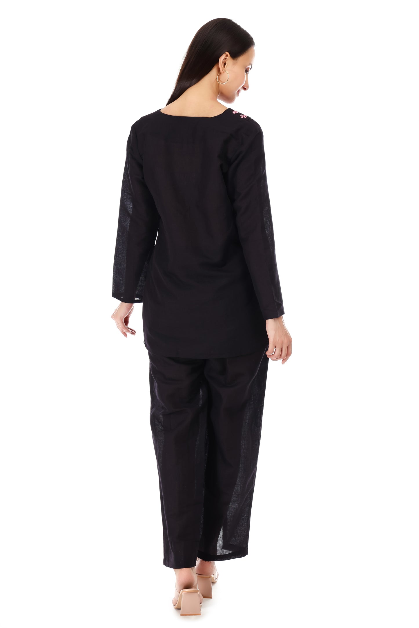 Huegenz Women's Black Two-Piece Co-Ord Set in Viscose Rayon with Floral Embroidery