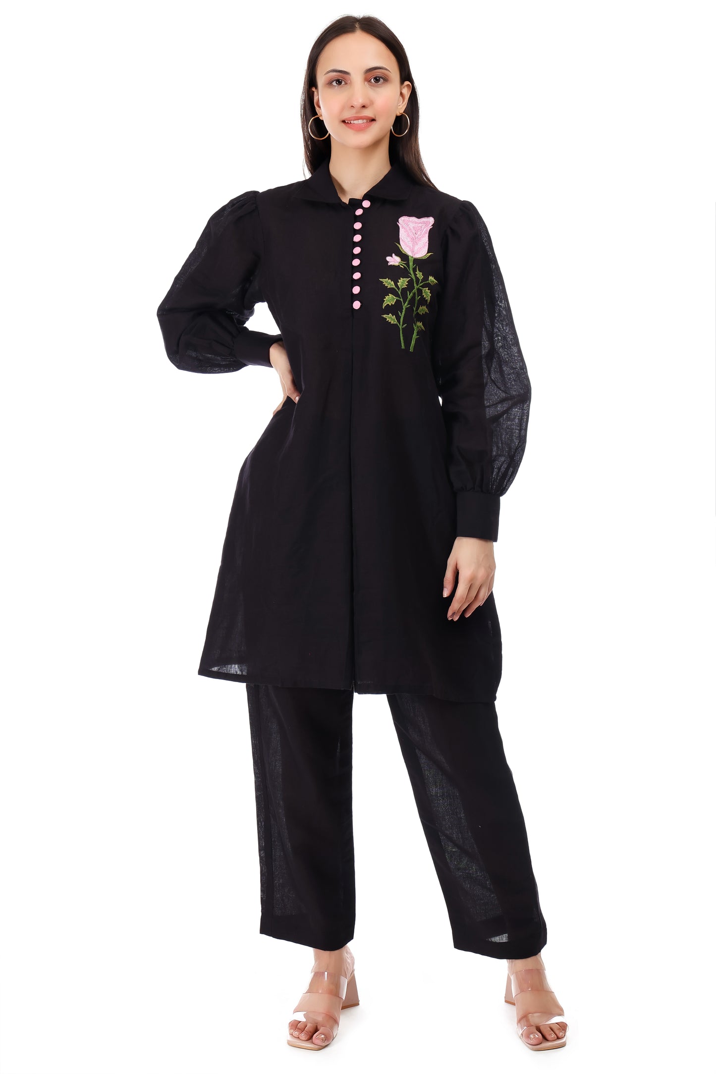 Huegenz Women's Black Two-Piece Co-Ord Set in Viscose Linen with Floral Embroidery