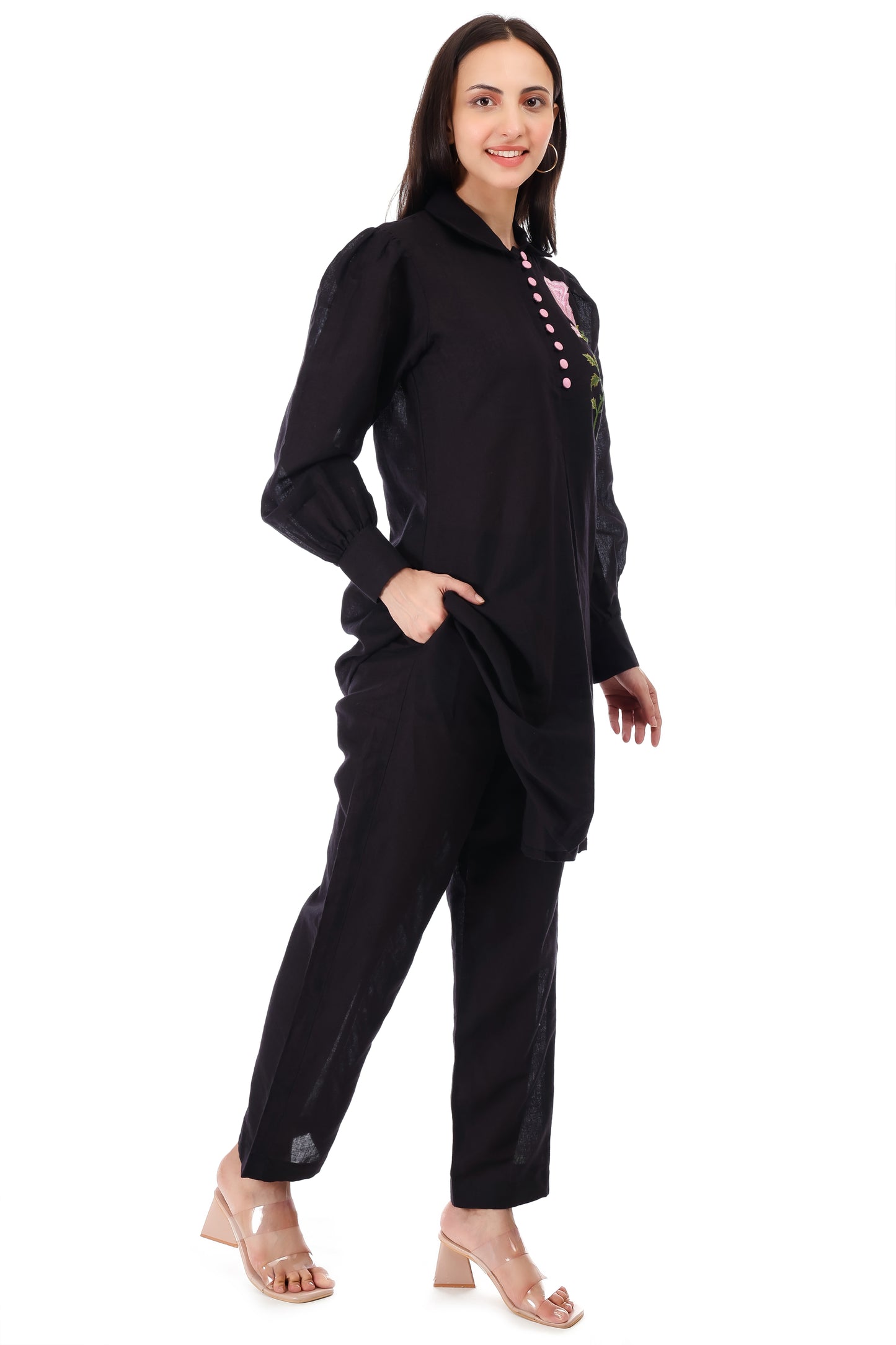 Huegenz Women's Black Two-Piece Co-Ord Set in Viscose Linen with Floral Embroidery