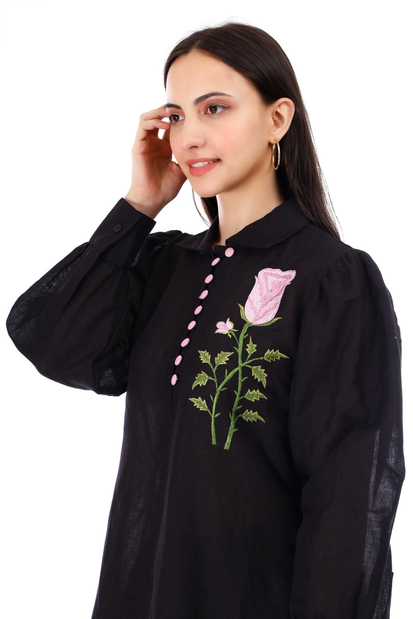 Huegenz Women's Black Two-Piece Co-Ord Set in Viscose Linen with Floral Embroidery