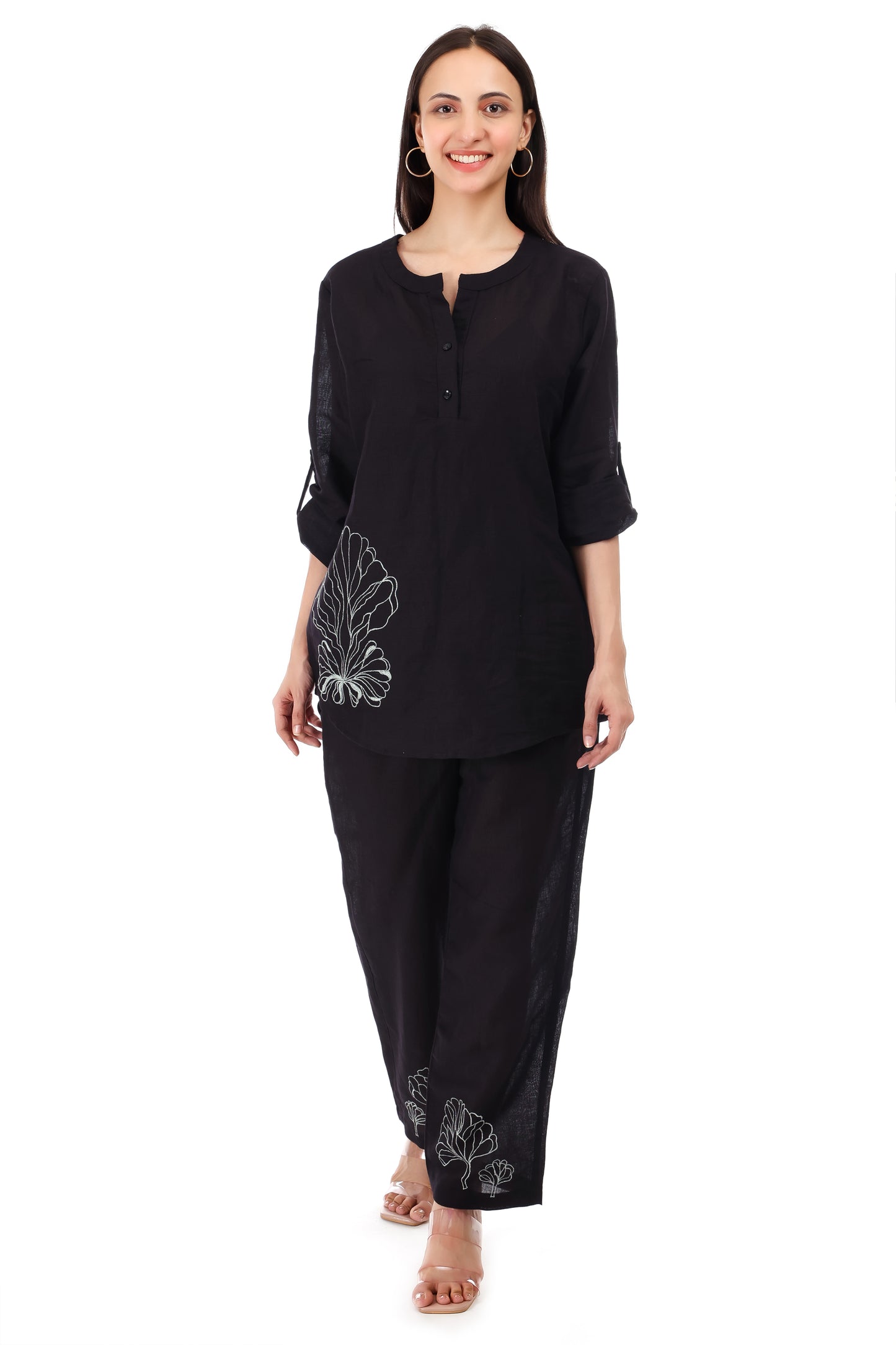 Huegenz Women's Black Two-Piece Co-Ord Set in Viscose Linen with Floral Embroidery