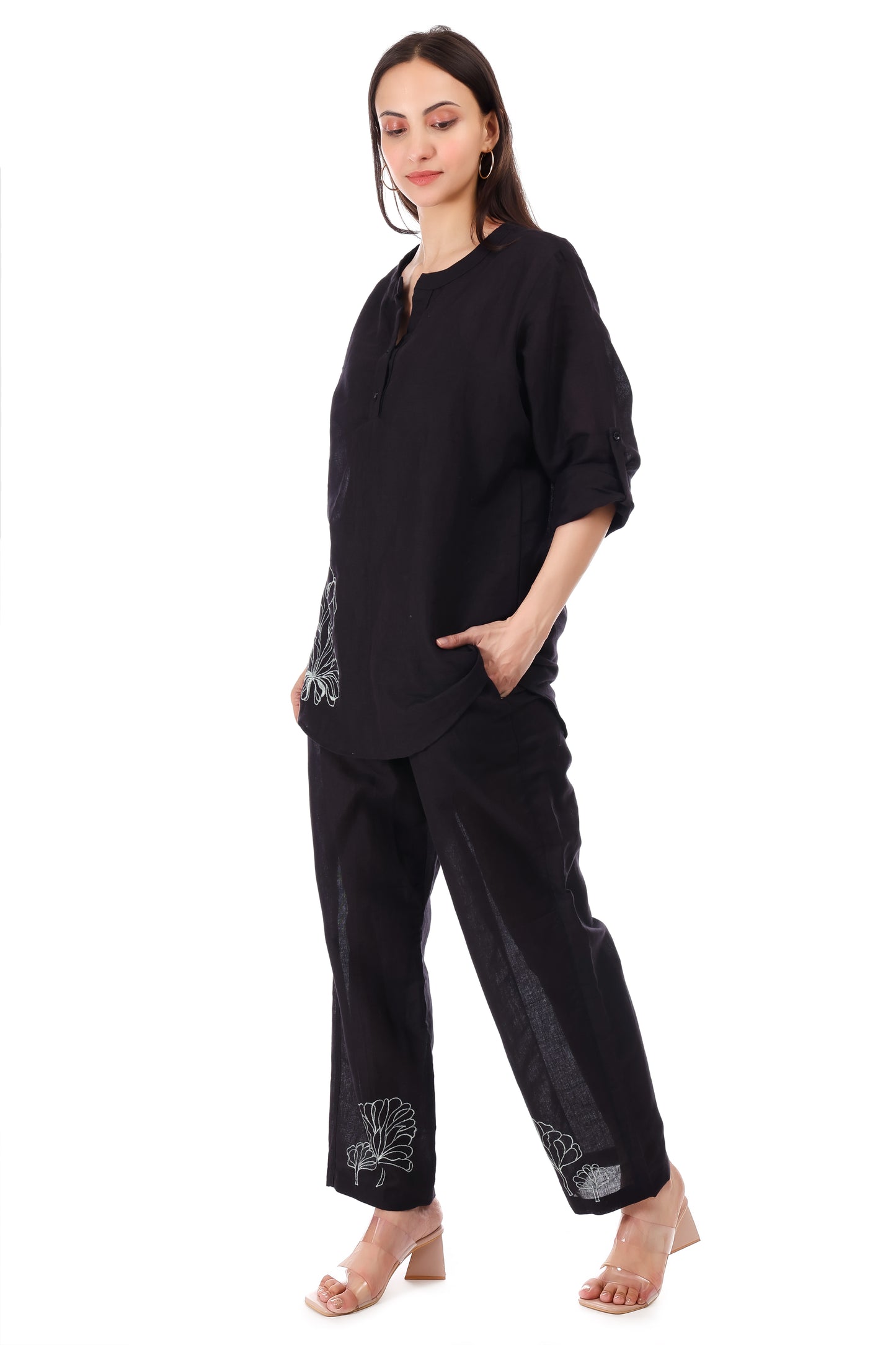 Huegenz Women's Black Two-Piece Co-Ord Set in Viscose Linen with Floral Embroidery