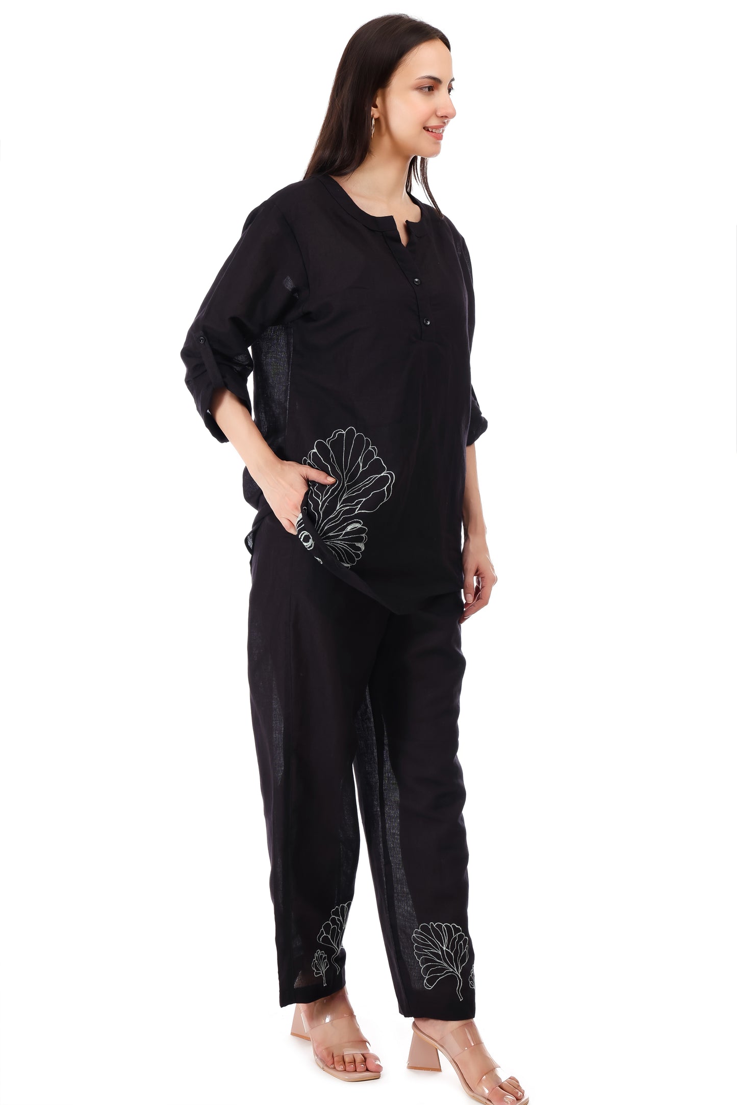 Huegenz Women's Black Two-Piece Co-Ord Set in Viscose Linen with Floral Embroidery