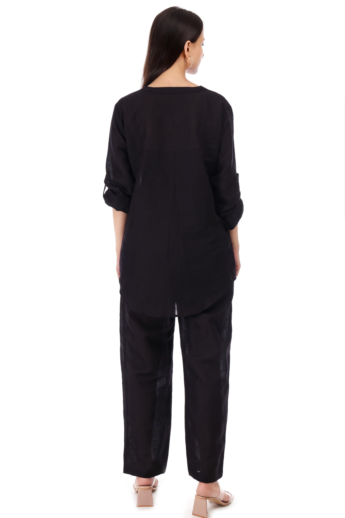 Huegenz Women's Black Two-Piece Co-Ord Set in Viscose Linen with Floral Embroidery